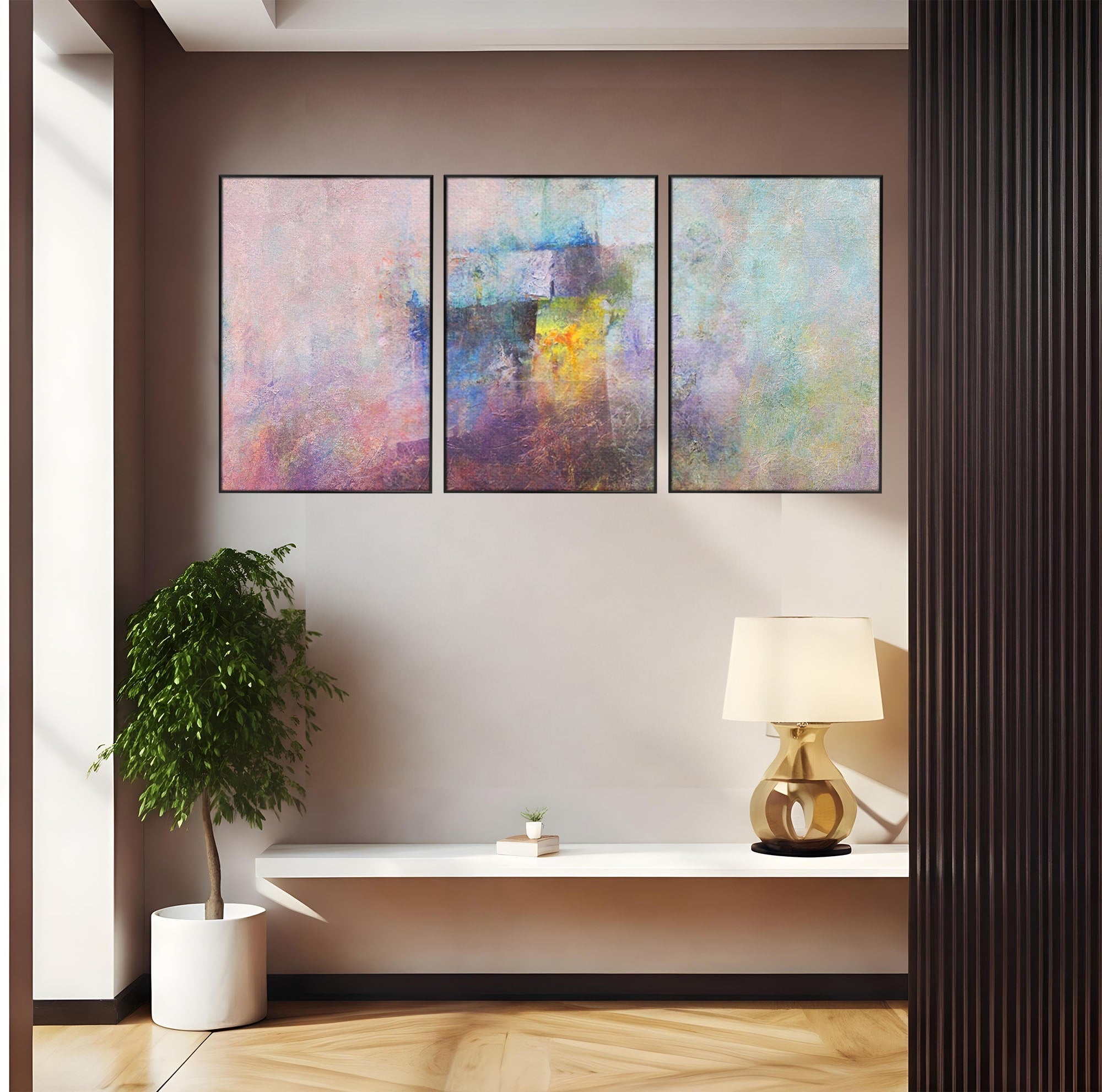 Set 3 Tablouri Canvas Premium LuxCanva® A3-1088, Colorful Purple, Abstract, Mov, Violet, Lavander, Multicolor, Culori Vibrante