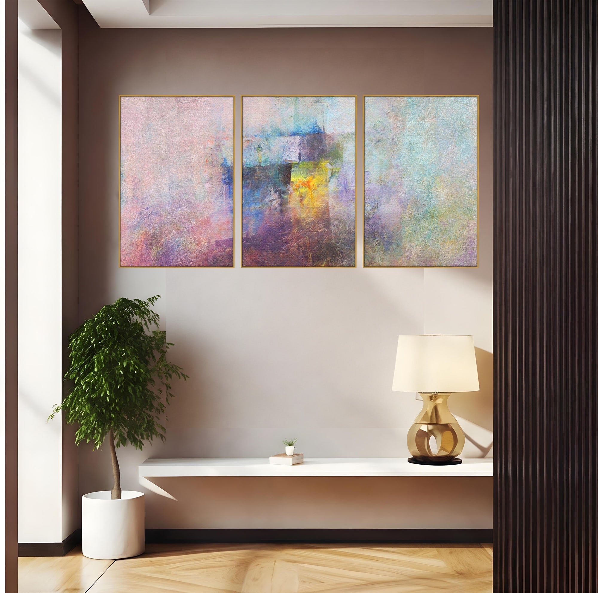 Set 3 Tablouri Canvas Premium LuxCanva® A3-1088, Colorful Purple, Abstract, Mov, Violet, Lavander, Multicolor, Culori Vibrante