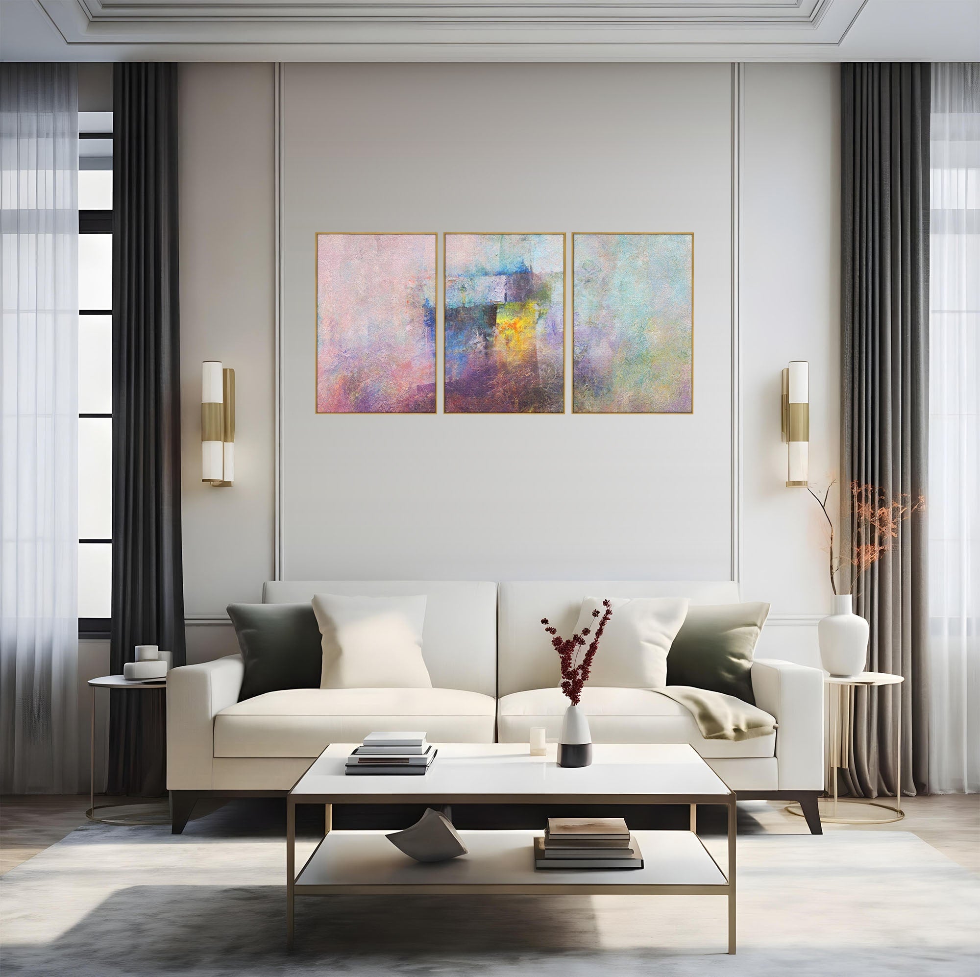 Set 3 Tablouri Canvas Premium LuxCanva® A3-1088, Colorful Purple, Abstract, Mov, Violet, Lavander, Multicolor, Culori Vibrante