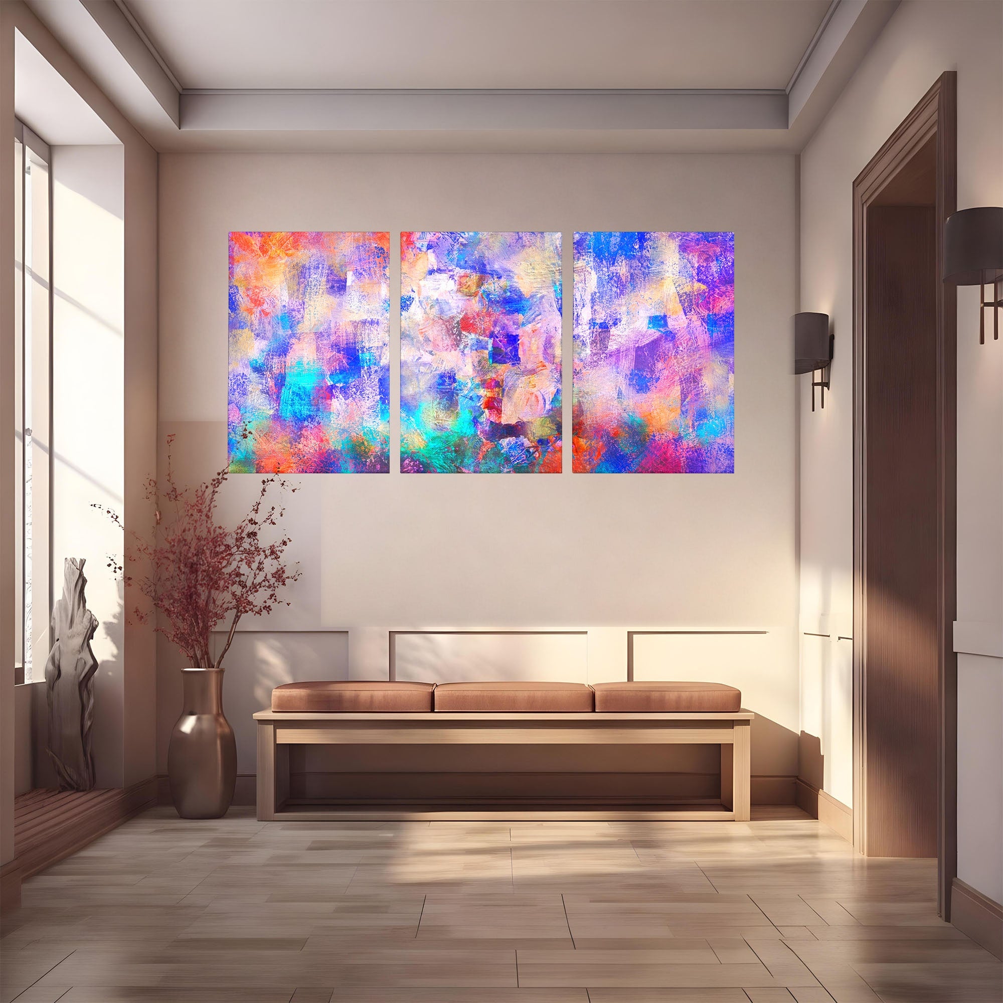 Set 3 Tablouri Canvas Premium LuxCanva® A3-1089, Multicolor, Abstract, Mixture Of Colors, Culori Vibrante