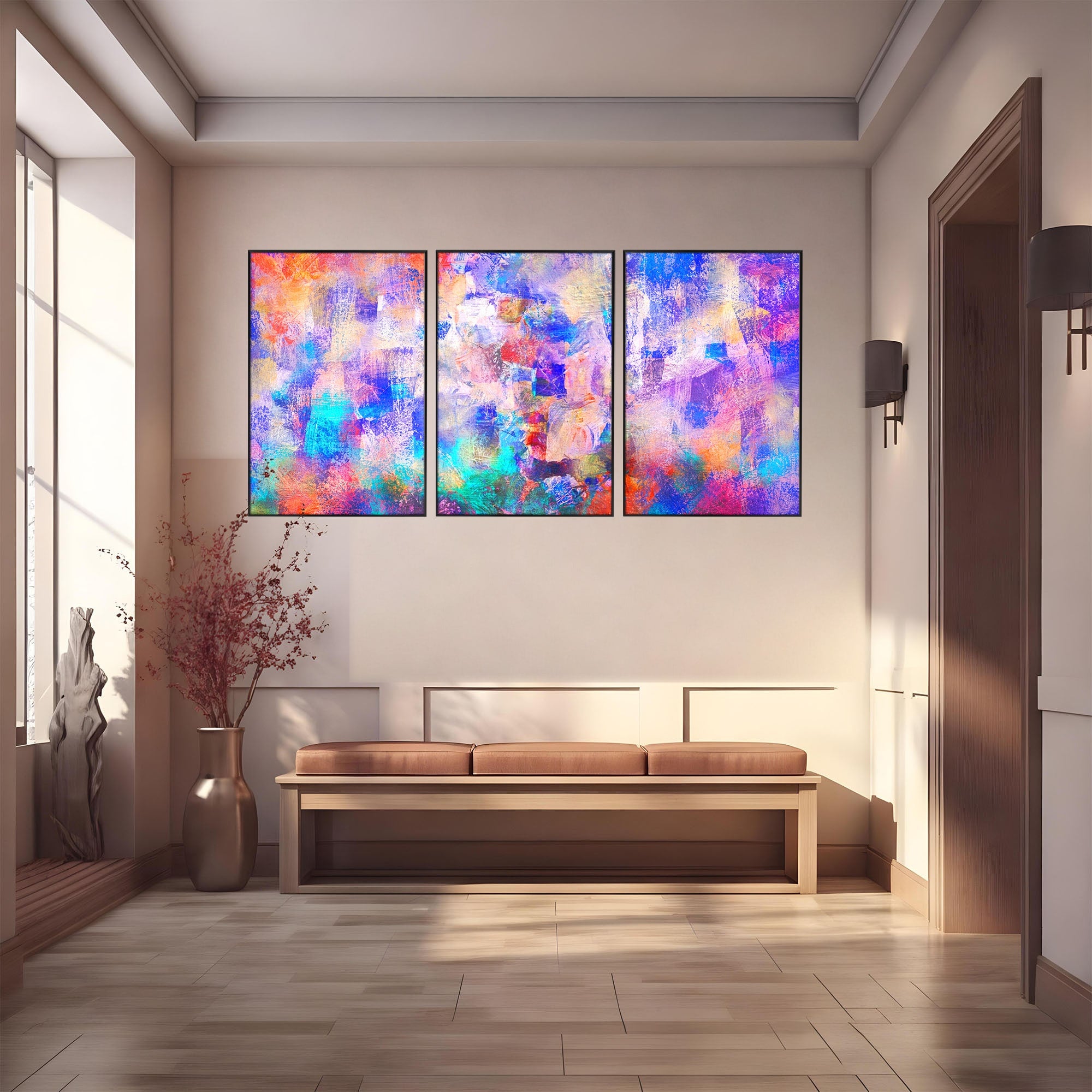 Set 3 Tablouri Canvas Premium LuxCanva® A3-1089, Multicolor, Abstract, Mixture Of Colors, Culori Vibrante