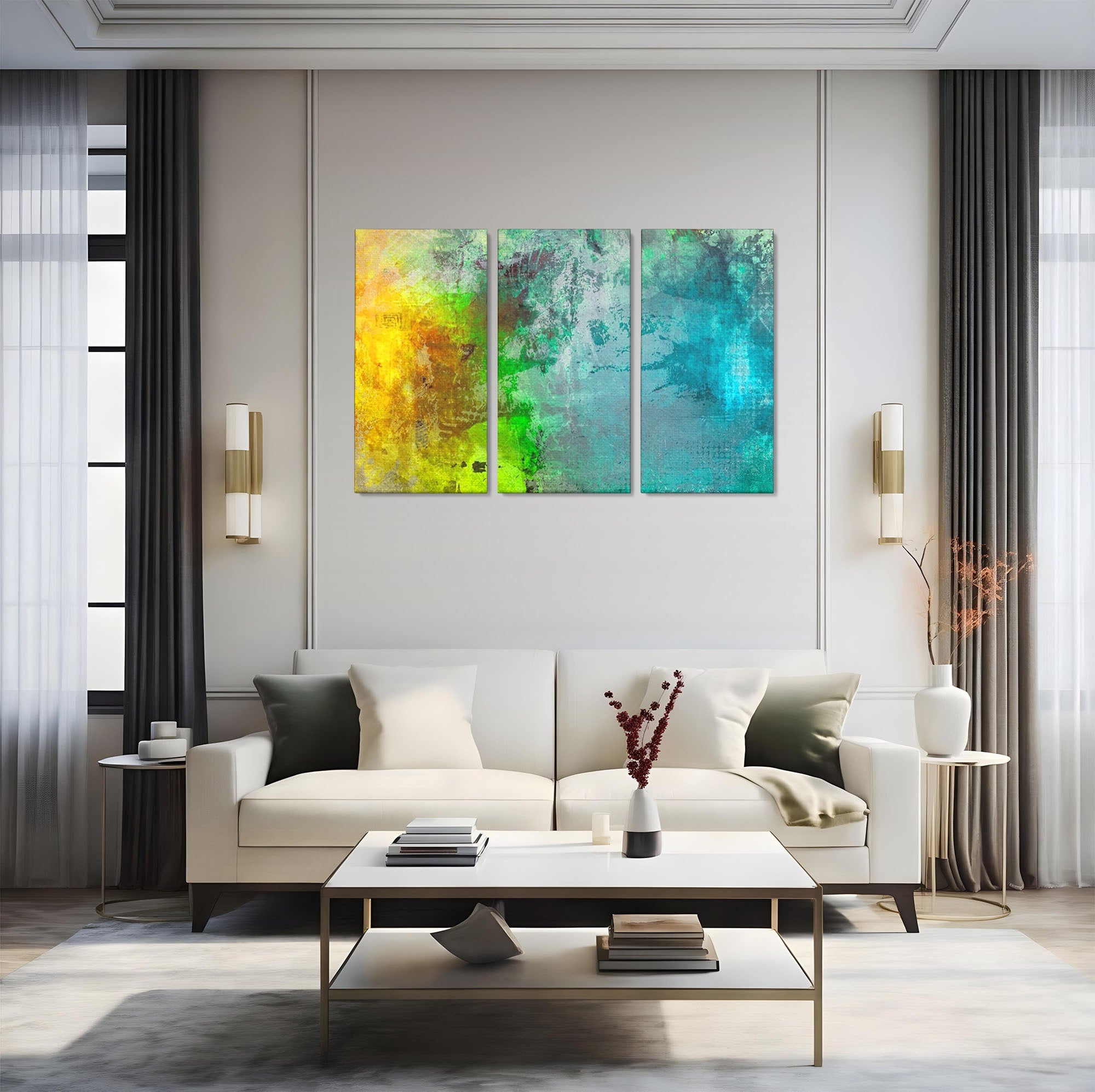 Set 3 Tablouri Canvas Premium LuxCanva® A3-1091, Colorful Green, Abstract, Verde, Blue, Multicolor, Culori Vibrante