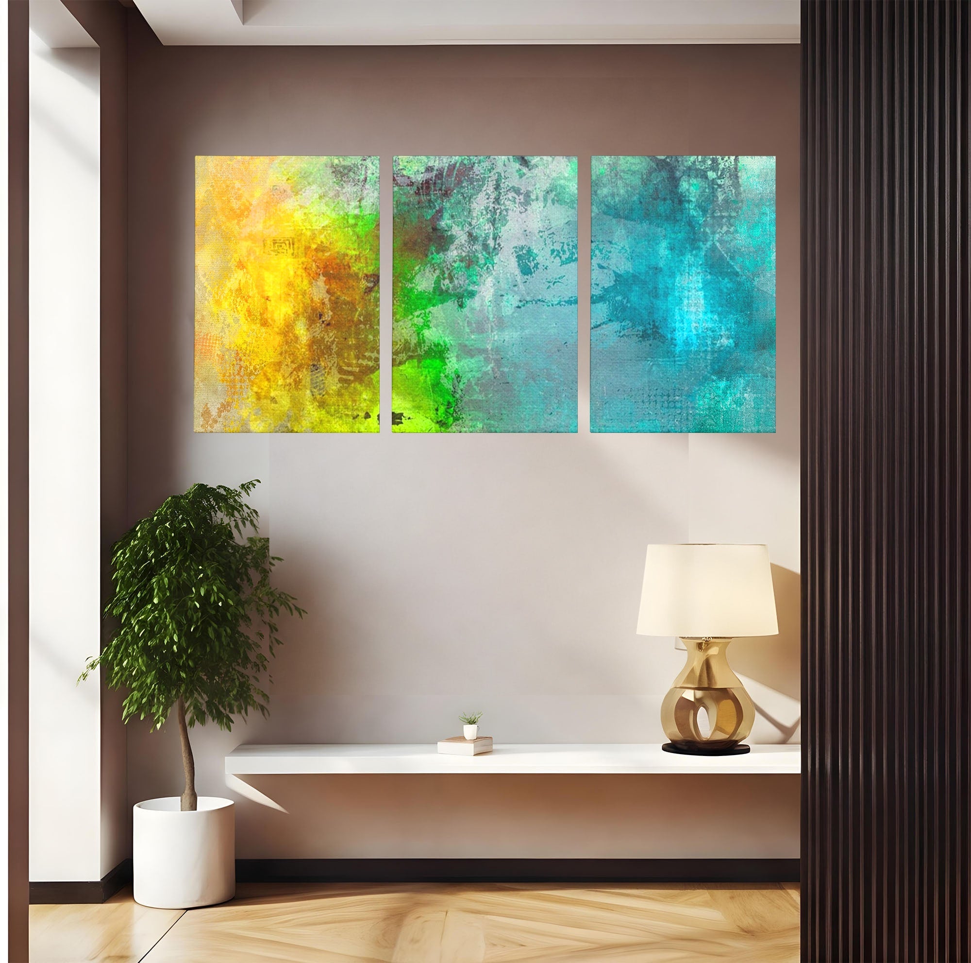 Set 3 Tablouri Canvas Premium LuxCanva® A3-1091, Colorful Green, Abstract, Verde, Blue, Multicolor, Culori Vibrante