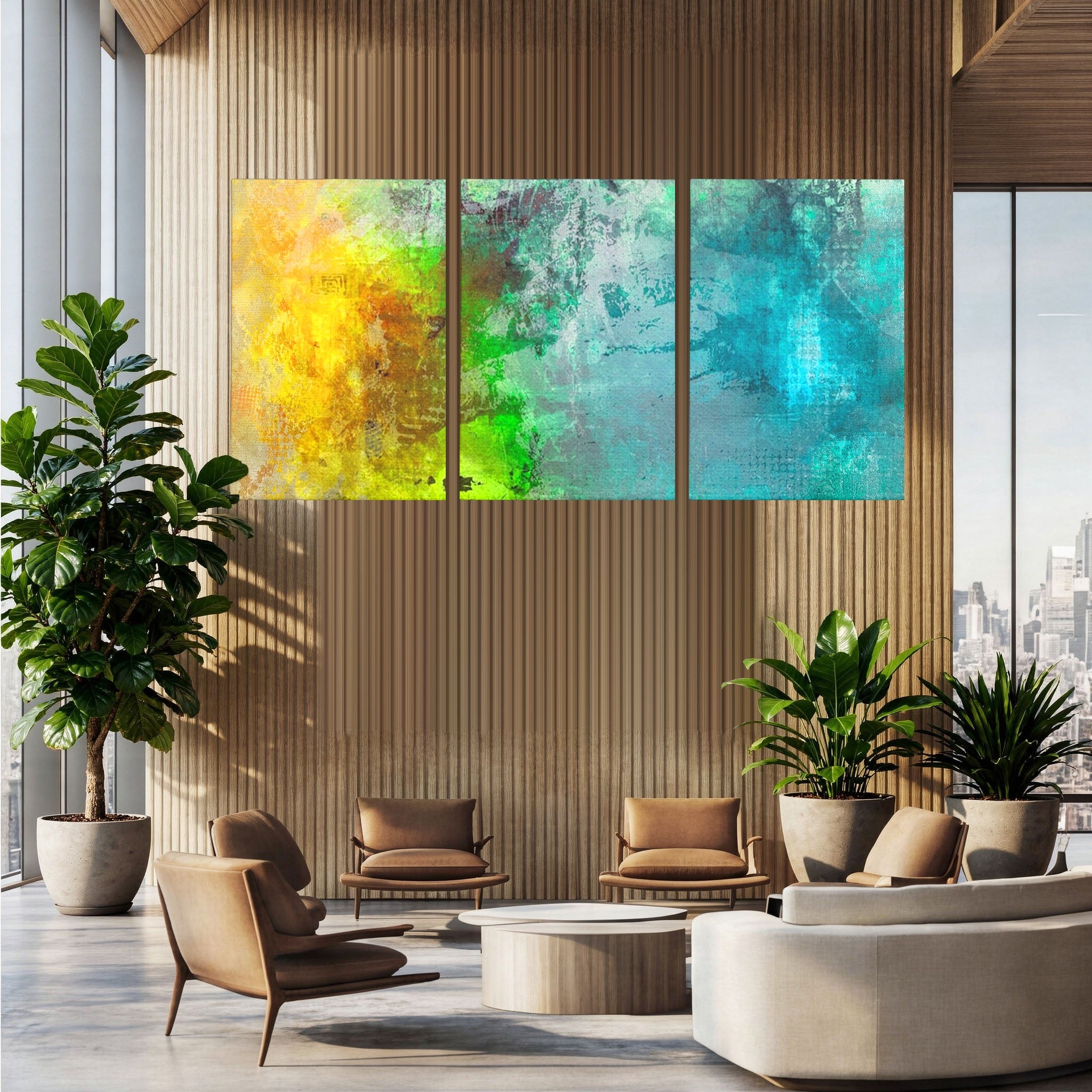 Set 3 Tablouri Canvas Premium LuxCanva® A3-1091, Colorful Green, Abstract, Verde, Blue, Multicolor, Culori Vibrante