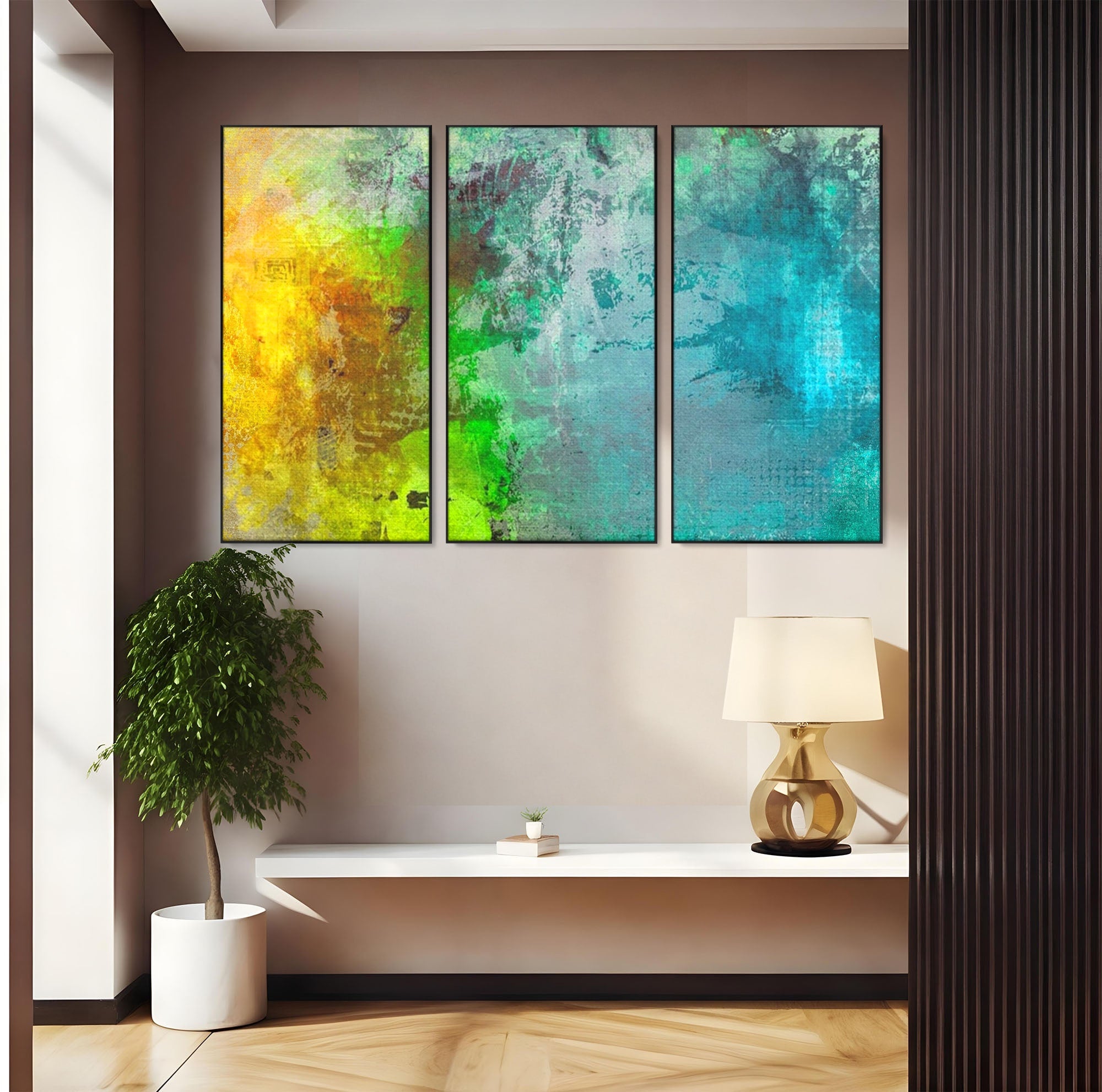 Set 3 Tablouri Canvas Premium LuxCanva® A3-1091, Colorful Green, Abstract, Verde, Blue, Multicolor, Culori Vibrante