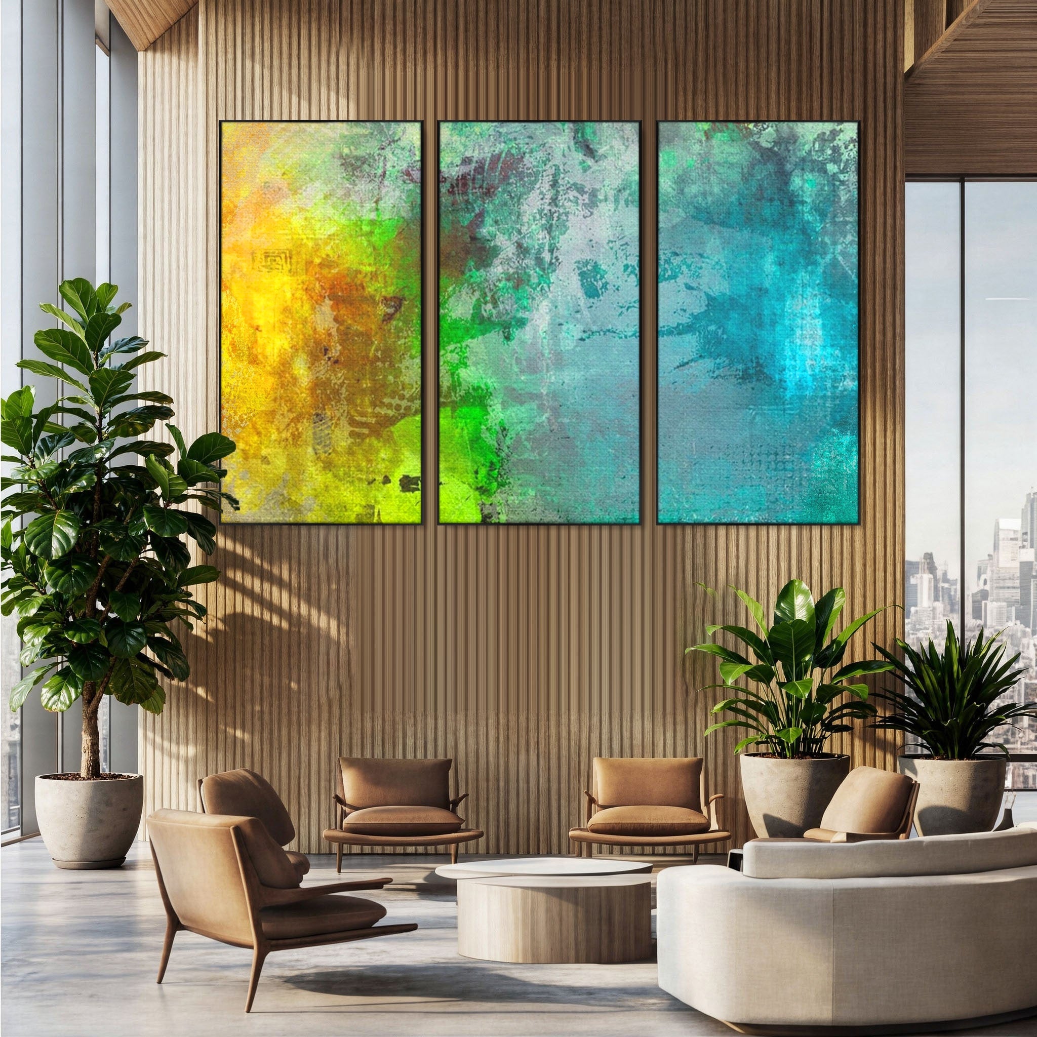 Set 3 Tablouri Canvas Premium LuxCanva® A3-1091, Colorful Green, Abstract, Verde, Blue, Multicolor, Culori Vibrante