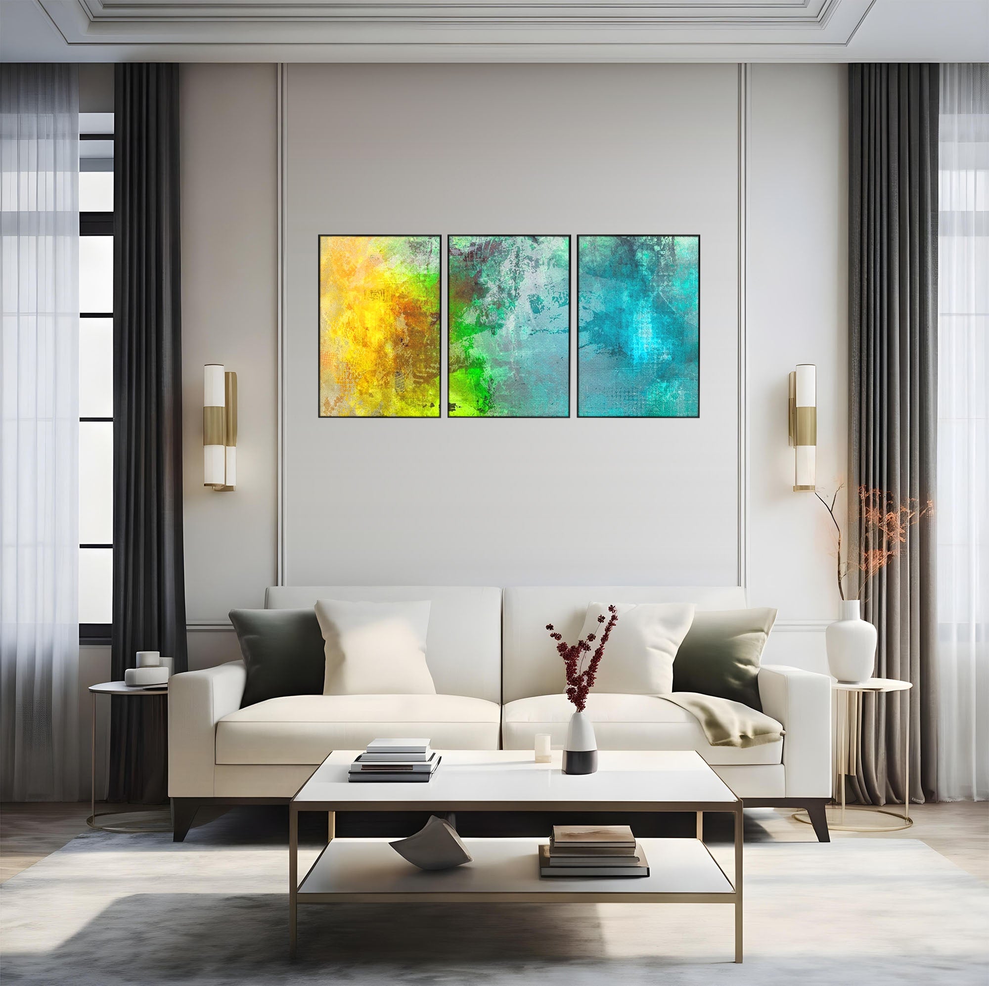 Set 3 Tablouri Canvas Premium LuxCanva® A3-1091, Colorful Green, Abstract, Verde, Blue, Multicolor, Culori Vibrante