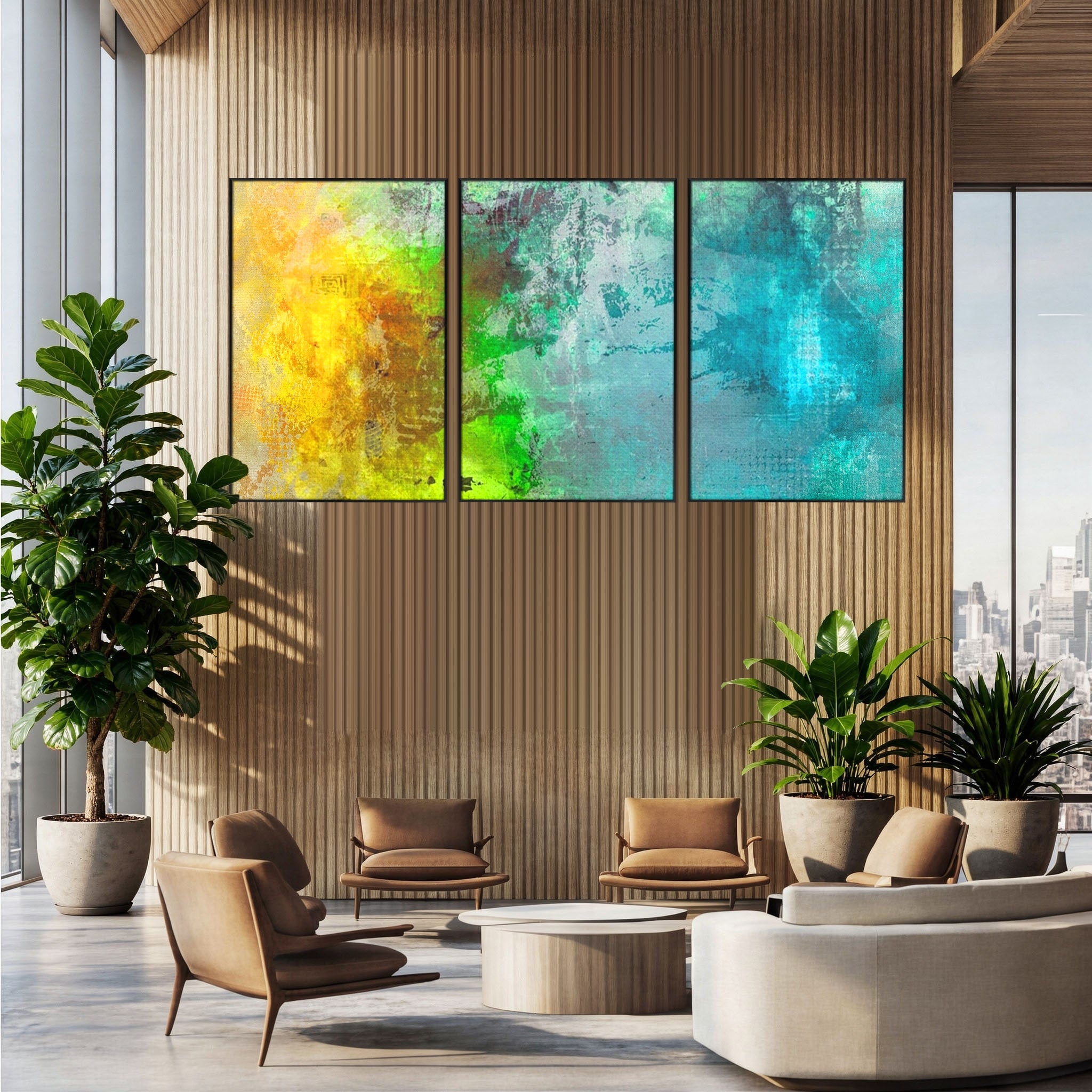 Set 3 Tablouri Canvas Premium LuxCanva® A3-1091, Colorful Green, Abstract, Verde, Blue, Multicolor, Culori Vibrante