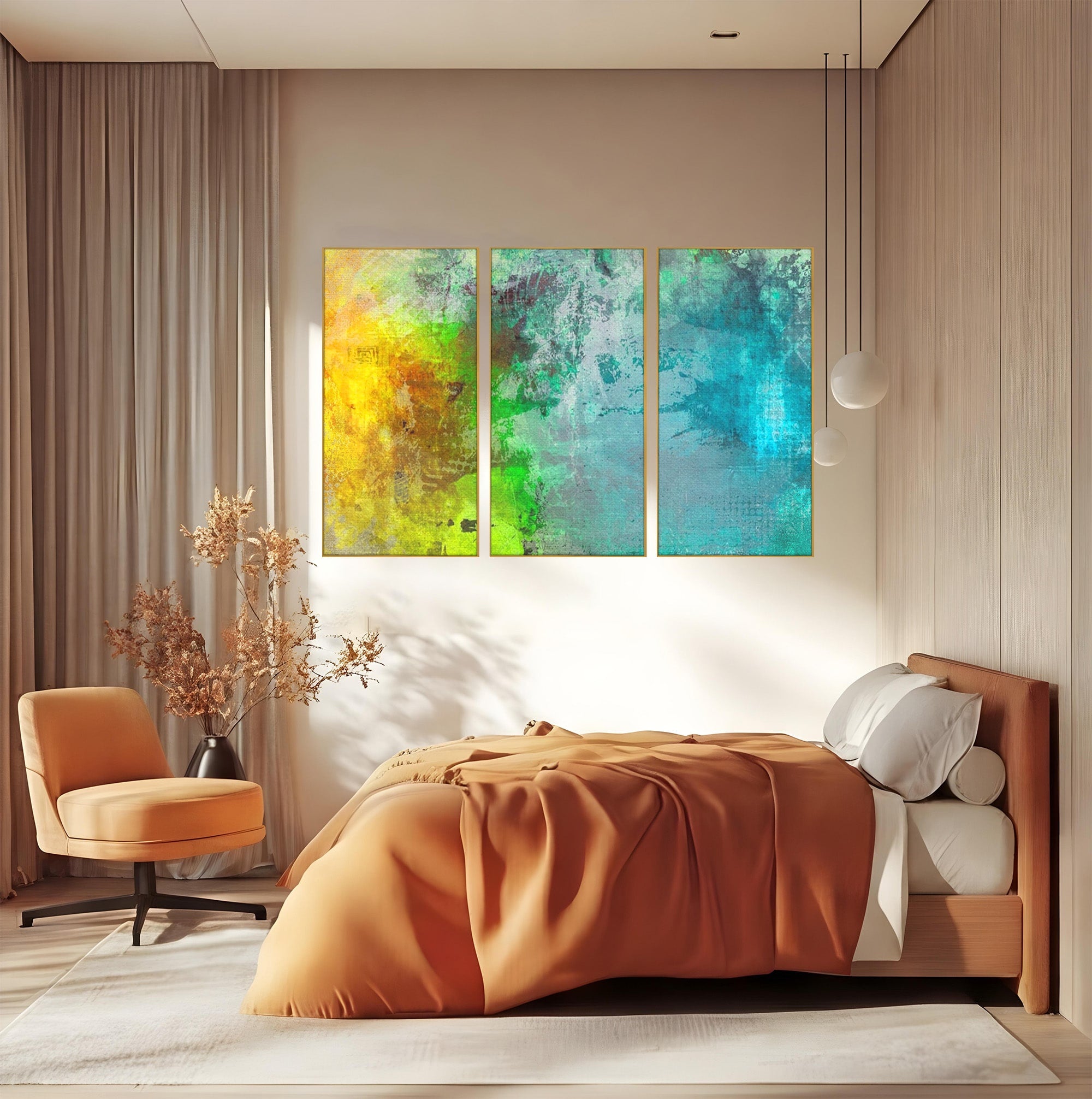 Set 3 Tablouri Canvas Premium LuxCanva® A3-1091, Colorful Green, Abstract, Verde, Blue, Multicolor, Culori Vibrante