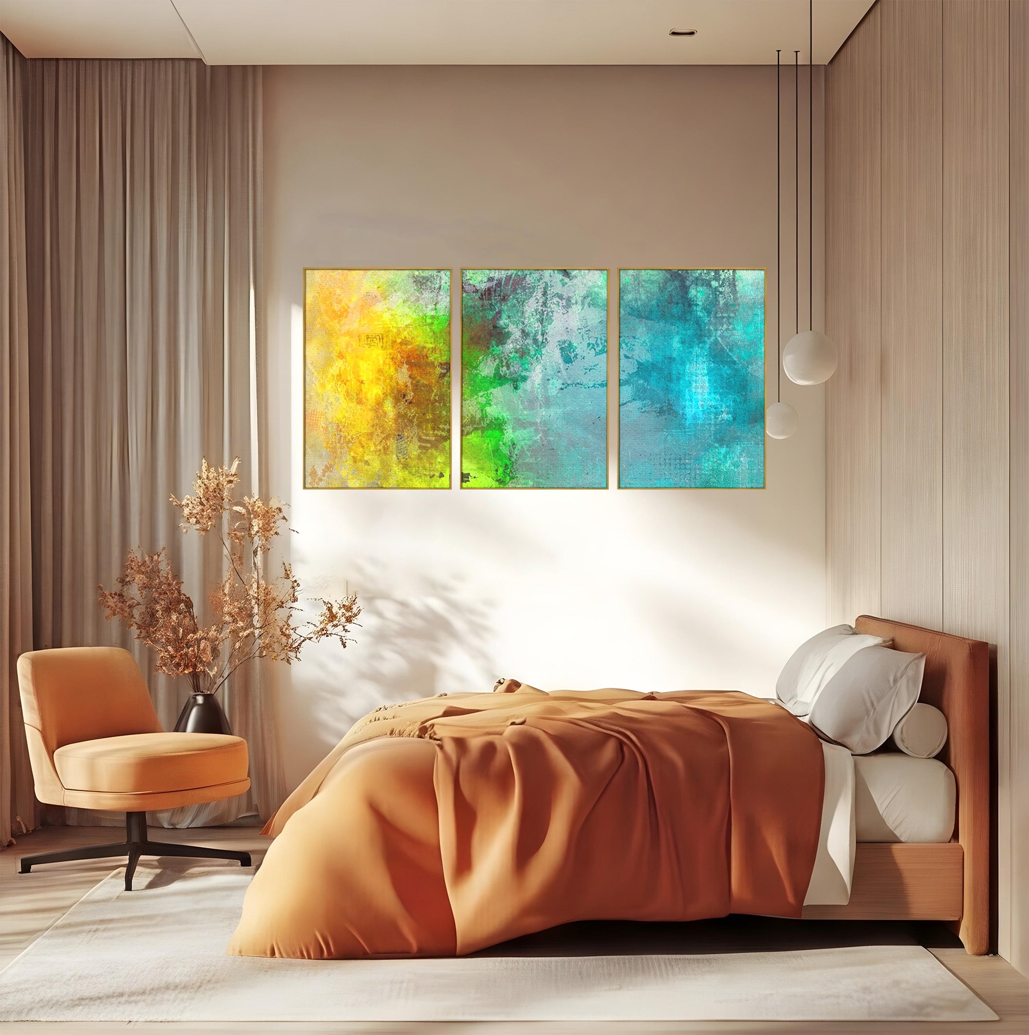 Set 3 Tablouri Canvas Premium LuxCanva® A3-1091, Colorful Green, Abstract, Verde, Blue, Multicolor, Culori Vibrante