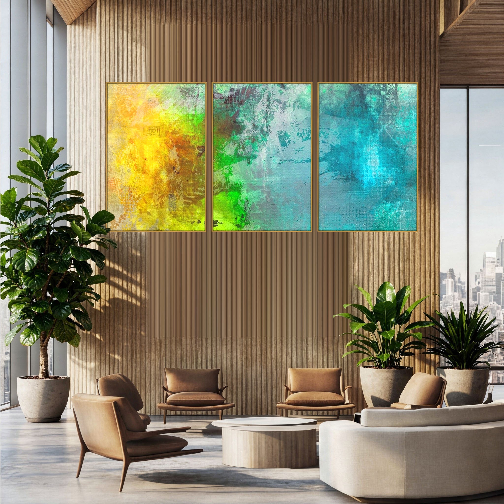 Set 3 Tablouri Canvas Premium LuxCanva® A3-1091, Colorful Green, Abstract, Verde, Blue, Multicolor, Culori Vibrante