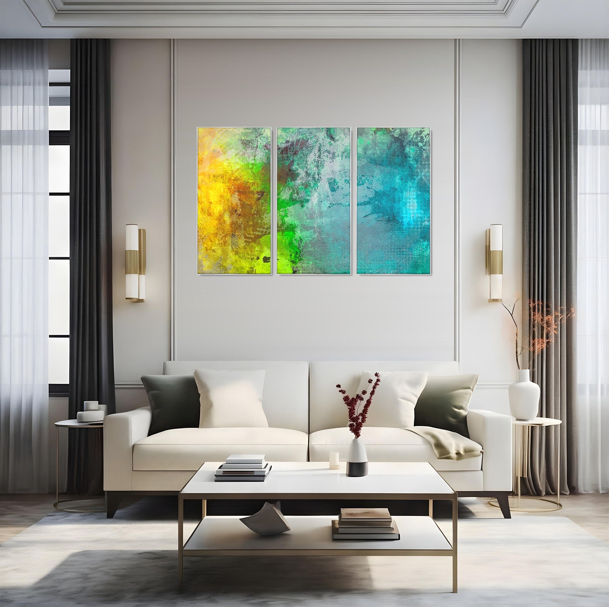Set 3 Tablouri Canvas Premium LuxCanva® A3-1091, Colorful Green, Abstract, Verde, Blue, Multicolor, Culori Vibrante