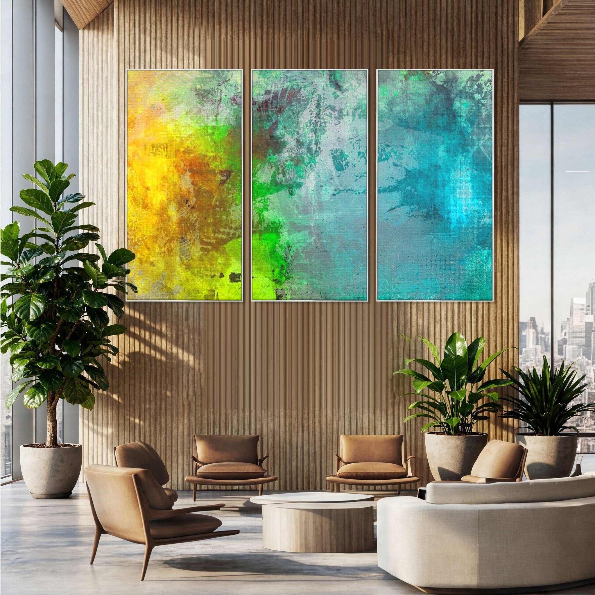 Set 3 Tablouri Canvas Premium LuxCanva® A3-1091, Colorful Green, Abstract, Verde, Blue, Multicolor, Culori Vibrante