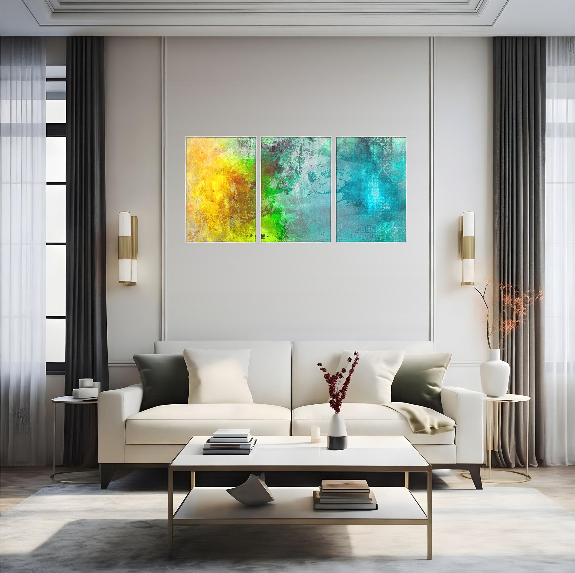 Set 3 Tablouri Canvas Premium LuxCanva® A3-1091, Colorful Green, Abstract, Verde, Blue, Multicolor, Culori Vibrante