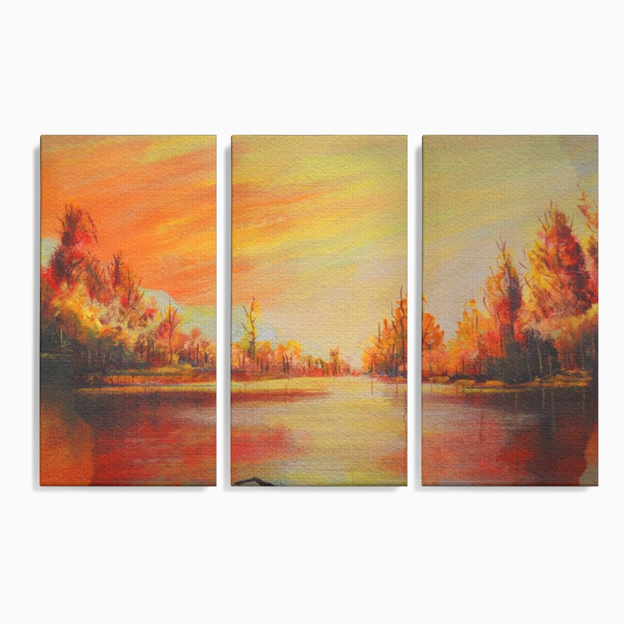 Set 3 Tablouri Canvas Premium LuxCanva® A3-1102, Apus De Toamna, Peisaj, Padure, Lac, Copaci, Culori Vibrante