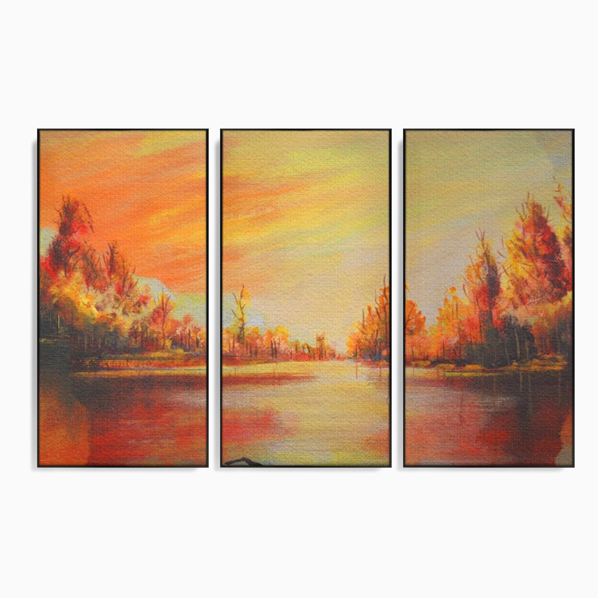 Set 3 Tablouri Canvas Premium LuxCanva® A3-1102, Apus De Toamna, Peisaj, Padure, Lac, Copaci, Culori Vibrante