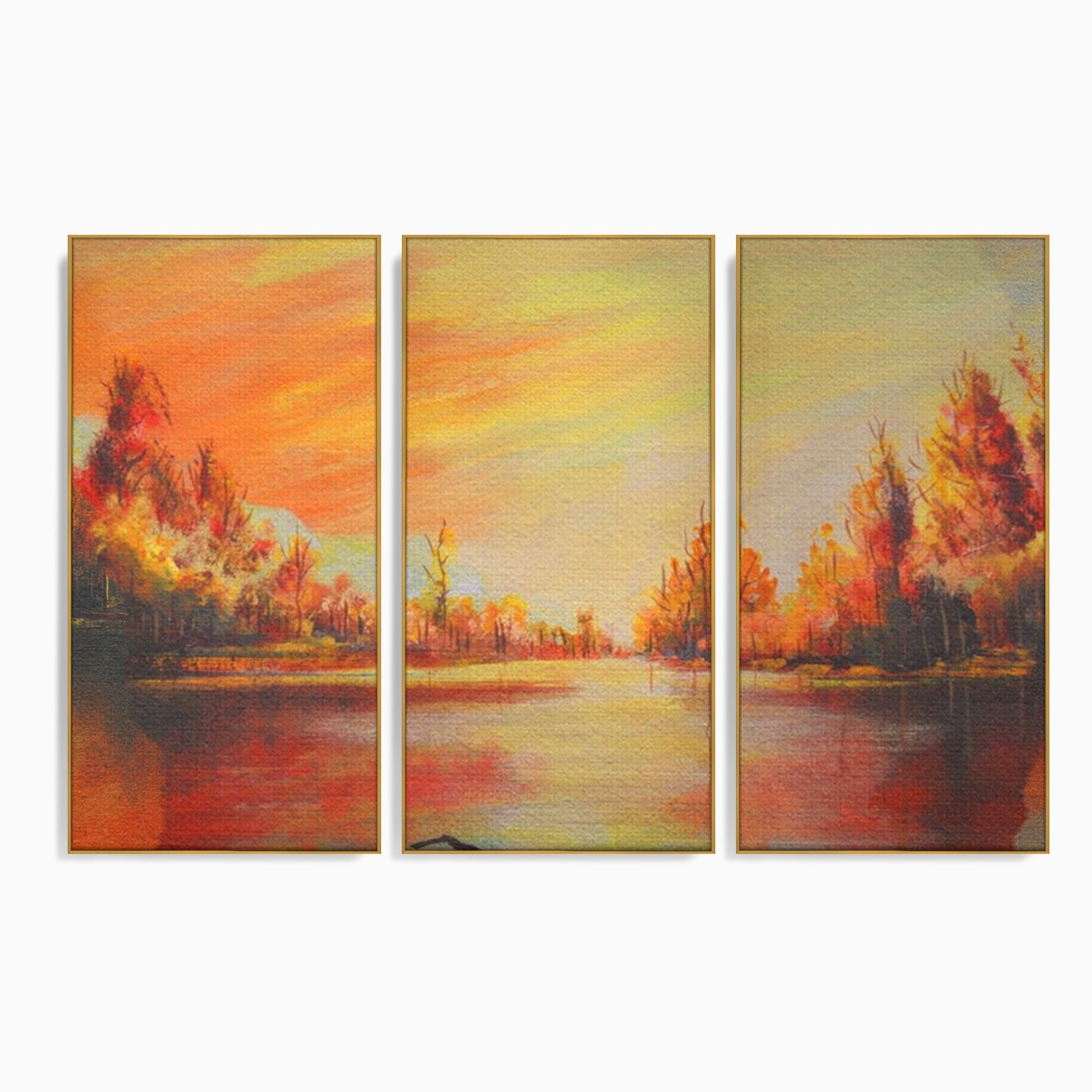 Set 3 Tablouri Canvas Premium LuxCanva® A3-1102, Apus De Toamna, Peisaj, Padure, Lac, Copaci, Culori Vibrante