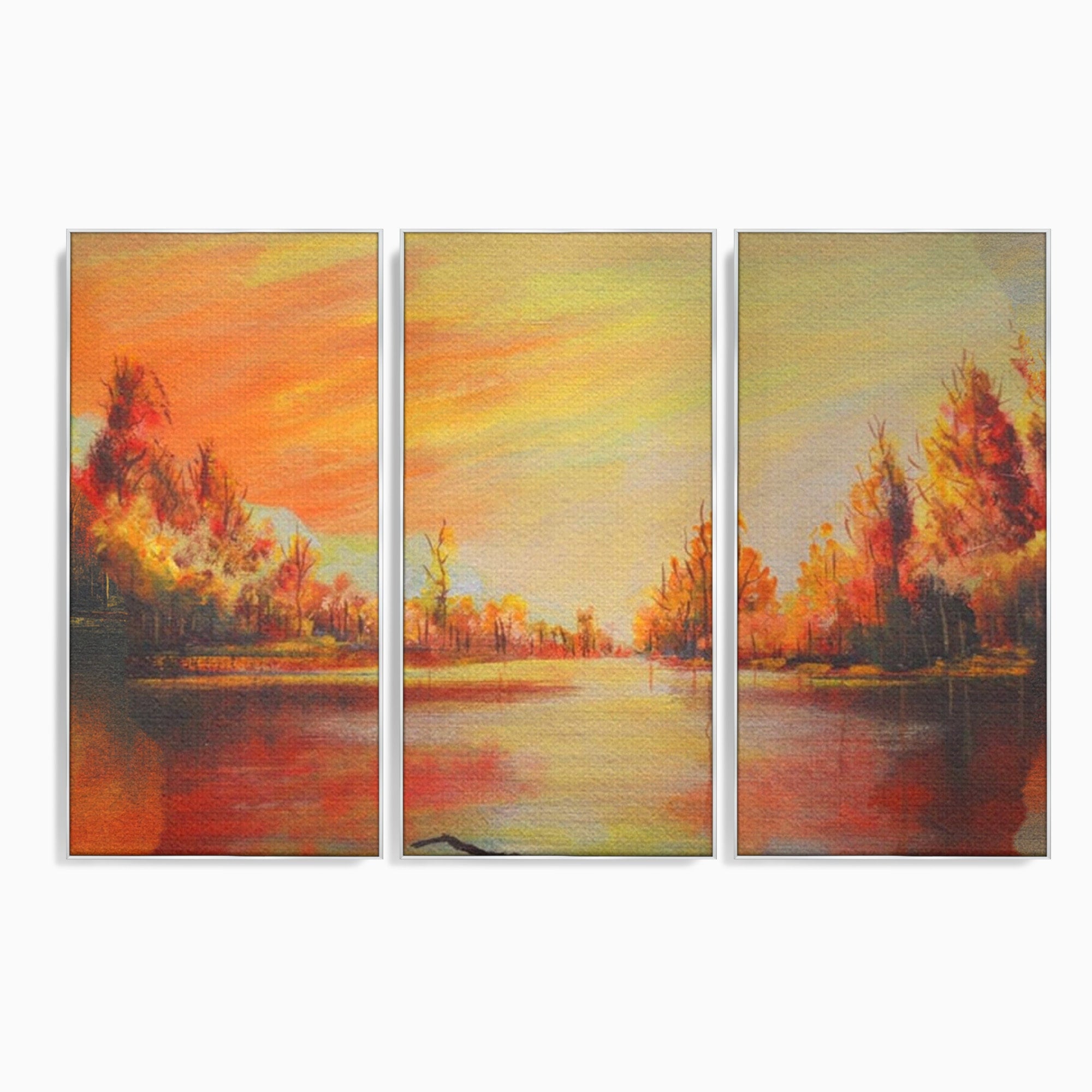 Set 3 Tablouri Canvas Premium LuxCanva® A3-1102, Apus De Toamna, Peisaj, Padure, Lac, Copaci, Culori Vibrante