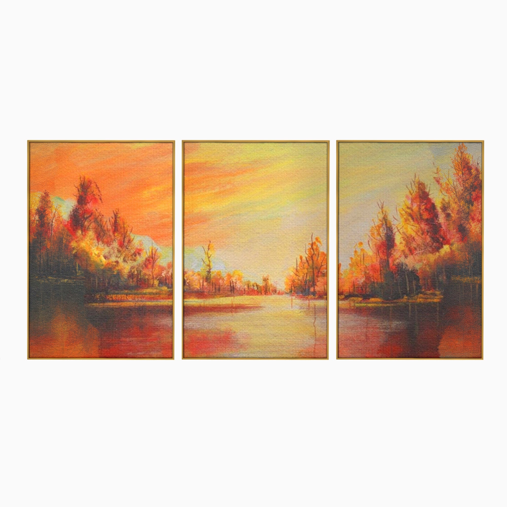Set 3 Tablouri Canvas Premium LuxCanva® A3-1102, Apus De Toamna, Peisaj, Padure, Lac, Copaci, Culori Vibrante