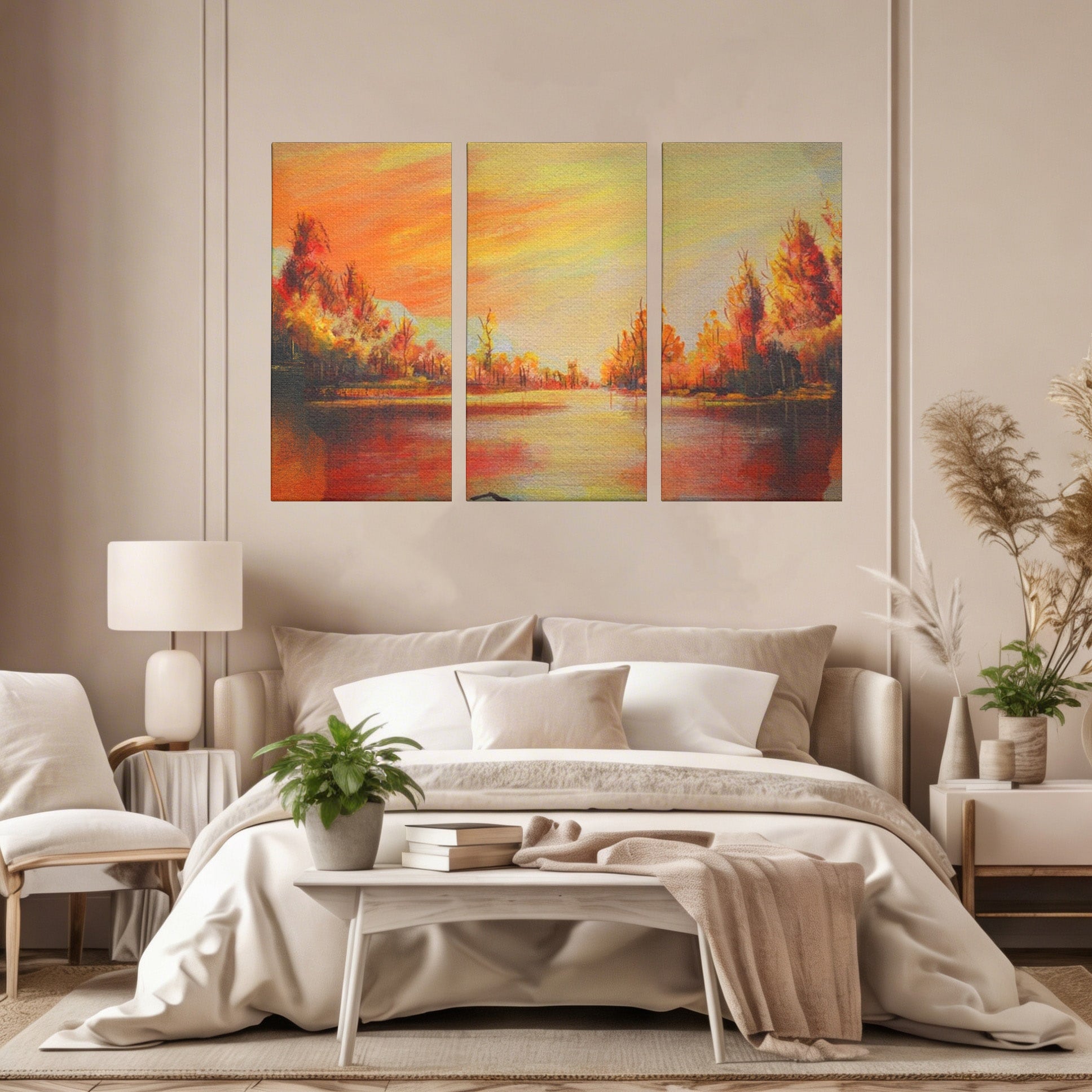 Set 3 Tablouri Canvas Premium LuxCanva® A3-1102, Apus De Toamna, Peisaj, Padure, Lac, Copaci, Culori Vibrante