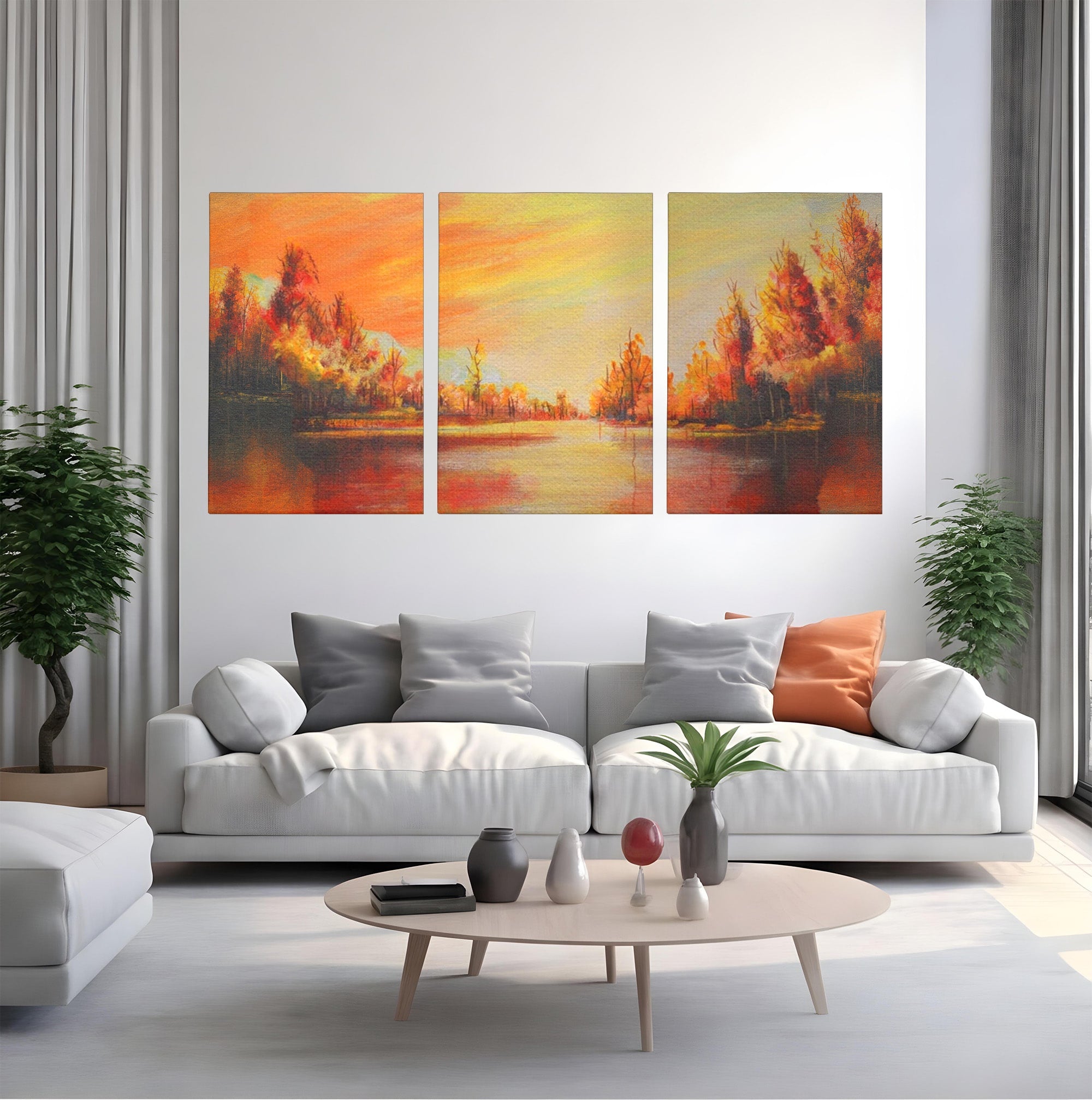 Set 3 Tablouri Canvas Premium LuxCanva® A3-1102, Apus De Toamna, Peisaj, Padure, Lac, Copaci, Culori Vibrante