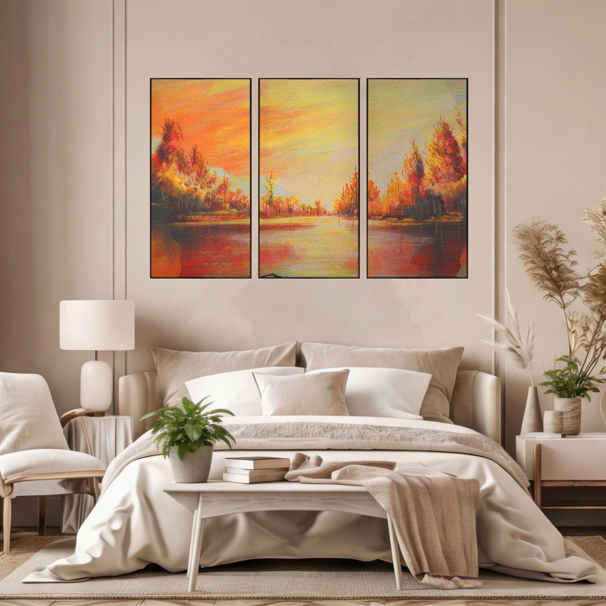 Set 3 Tablouri Canvas Premium LuxCanva® A3-1102, Apus De Toamna, Peisaj, Padure, Lac, Copaci, Culori Vibrante