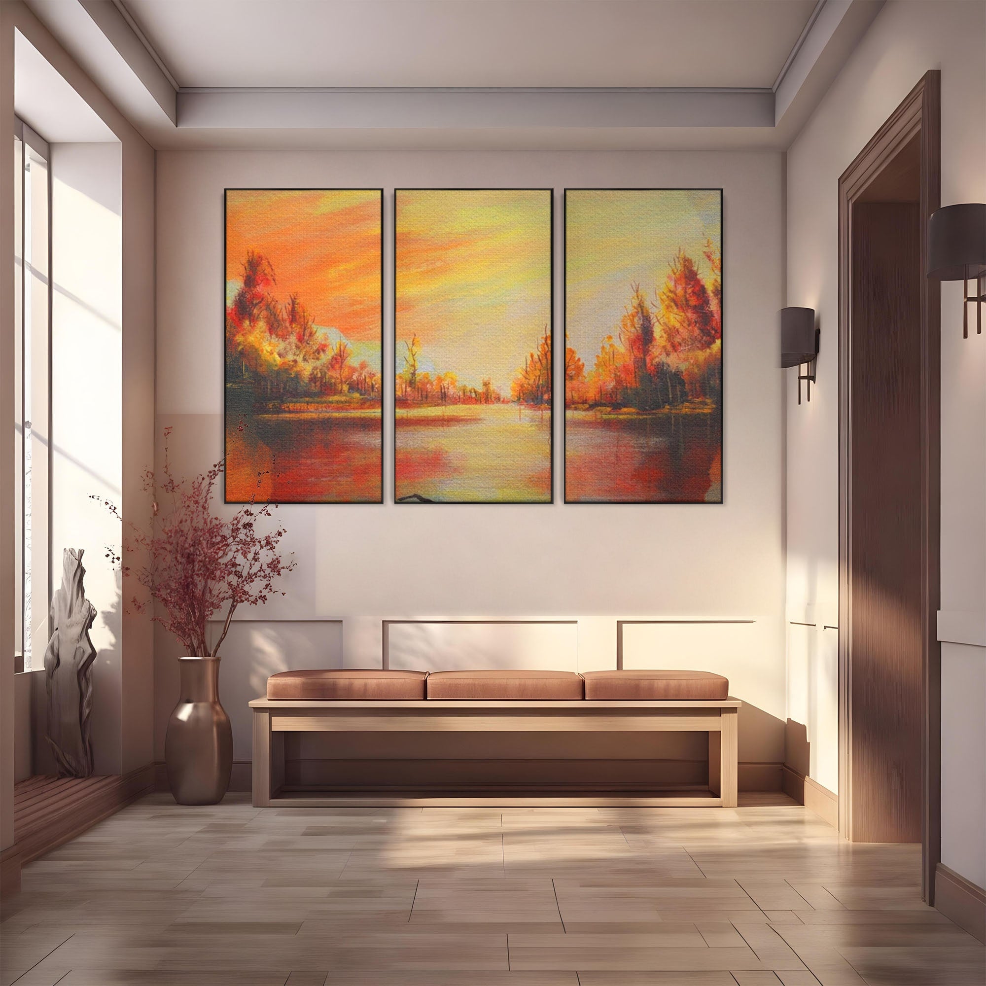 Set 3 Tablouri Canvas Premium LuxCanva® A3-1102, Apus De Toamna, Peisaj, Padure, Lac, Copaci, Culori Vibrante
