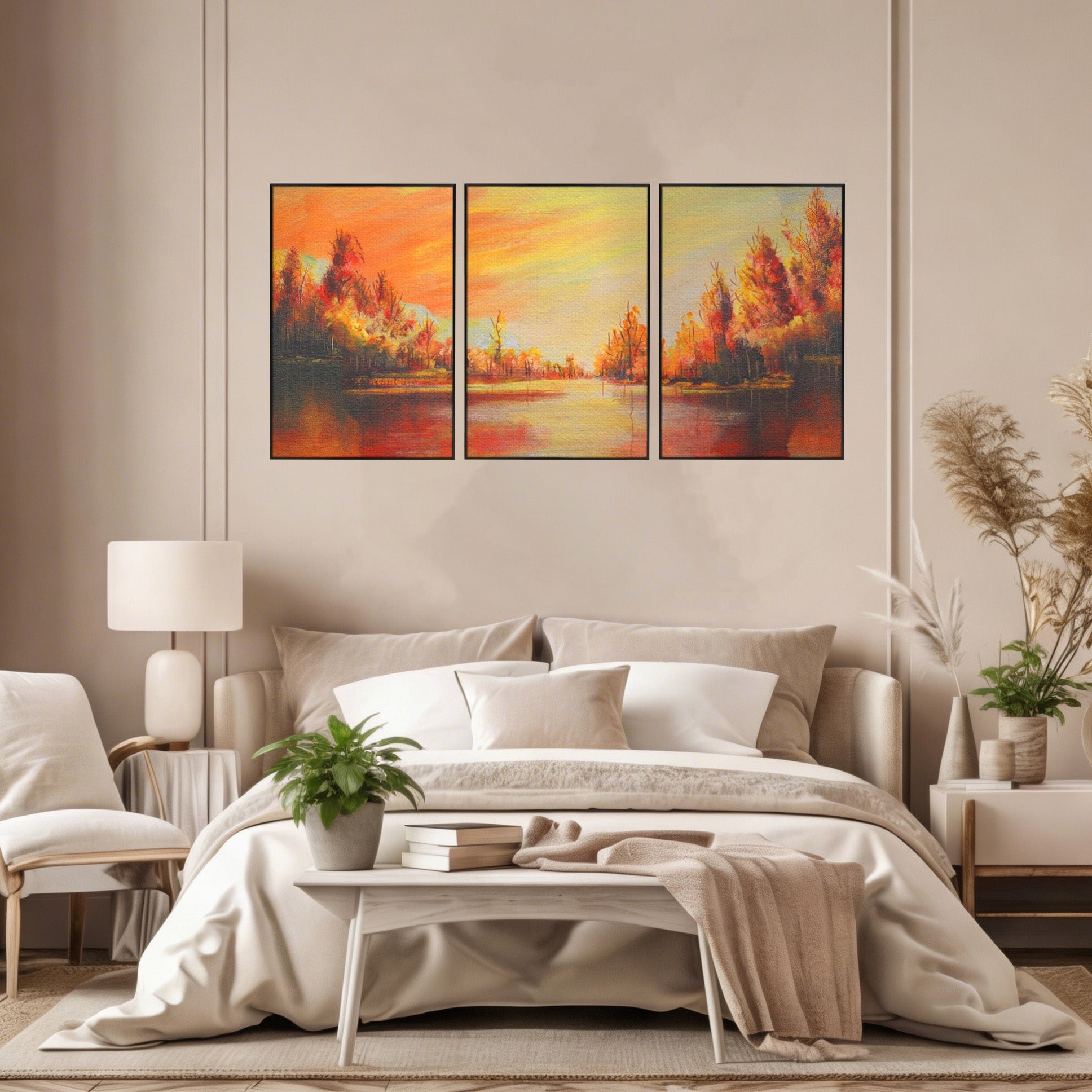 Set 3 Tablouri Canvas Premium LuxCanva® A3-1102, Apus De Toamna, Peisaj, Padure, Lac, Copaci, Culori Vibrante