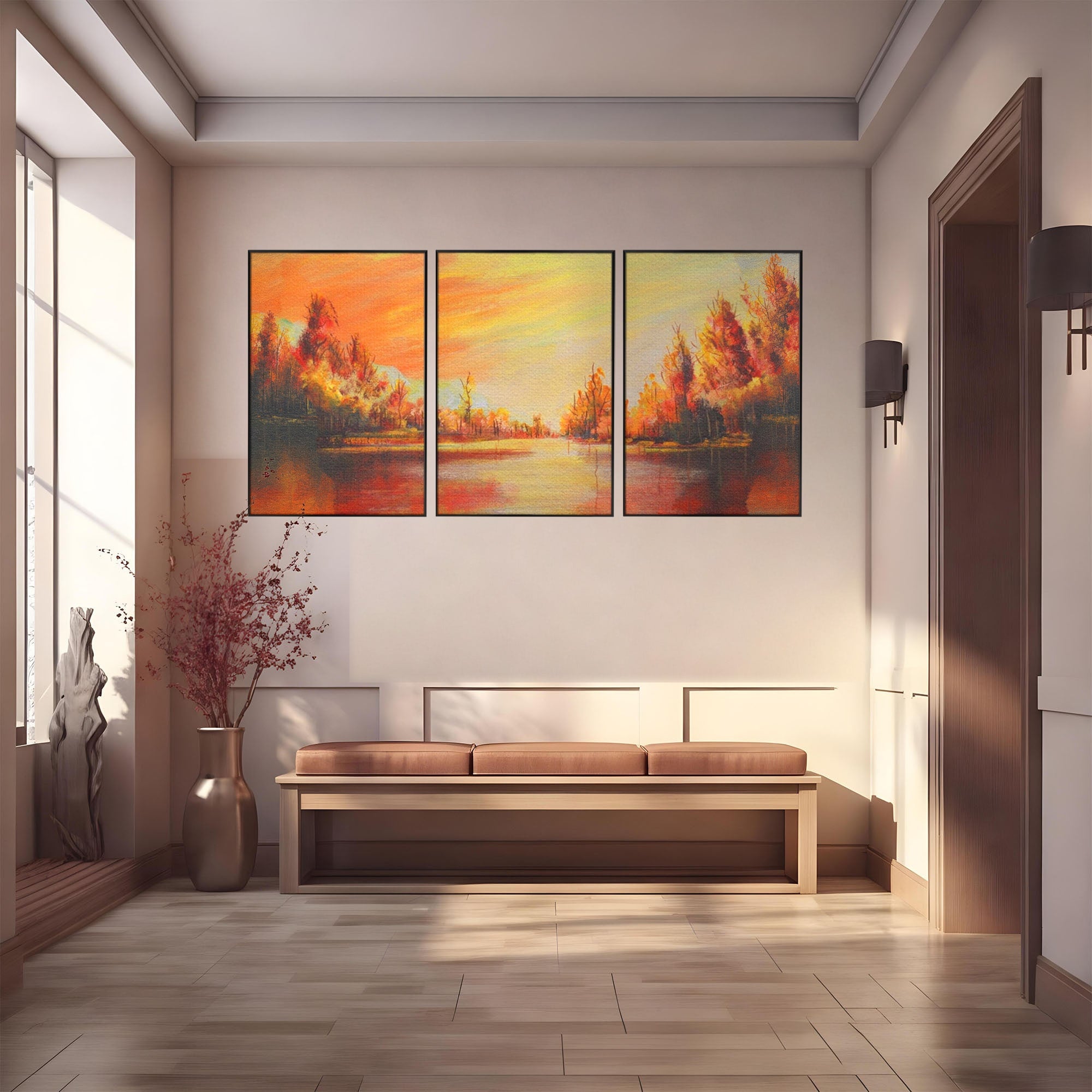 Set 3 Tablouri Canvas Premium LuxCanva® A3-1102, Apus De Toamna, Peisaj, Padure, Lac, Copaci, Culori Vibrante