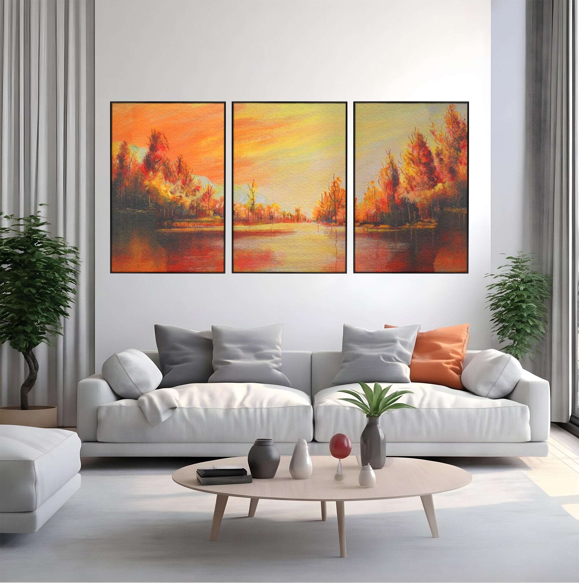Set 3 Tablouri Canvas Premium LuxCanva® A3-1102, Apus De Toamna, Peisaj, Padure, Lac, Copaci, Culori Vibrante
