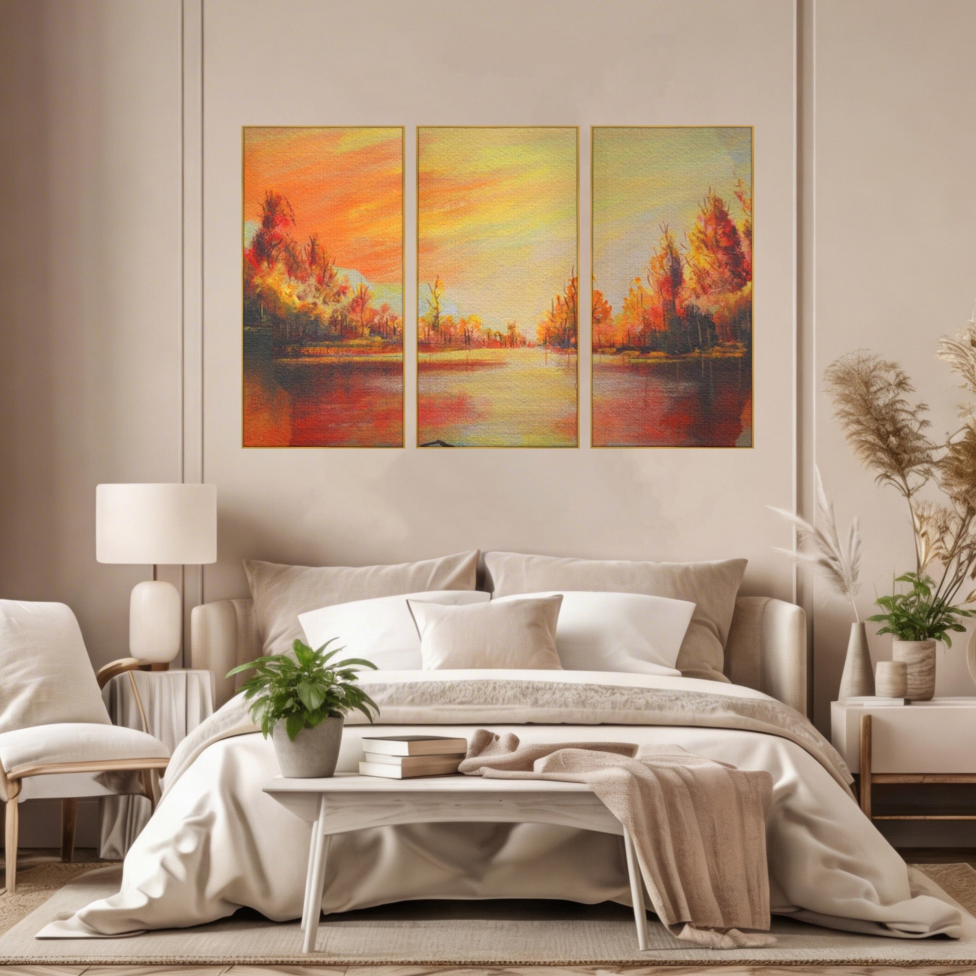 Set 3 Tablouri Canvas Premium LuxCanva® A3-1102, Apus De Toamna, Peisaj, Padure, Lac, Copaci, Culori Vibrante