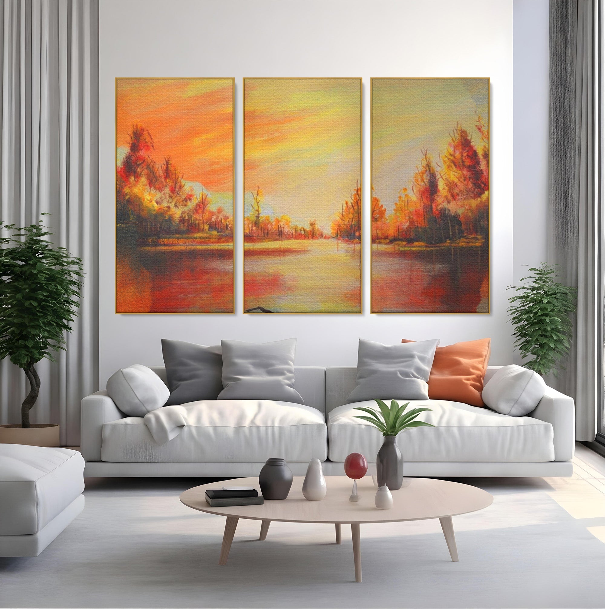 Set 3 Tablouri Canvas Premium LuxCanva® A3-1102, Apus De Toamna, Peisaj, Padure, Lac, Copaci, Culori Vibrante