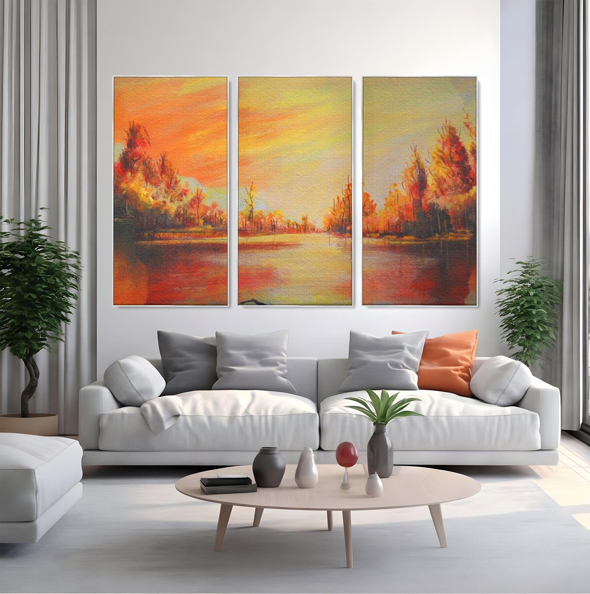 Set 3 Tablouri Canvas Premium LuxCanva® A3-1102, Apus De Toamna, Peisaj, Padure, Lac, Copaci, Culori Vibrante