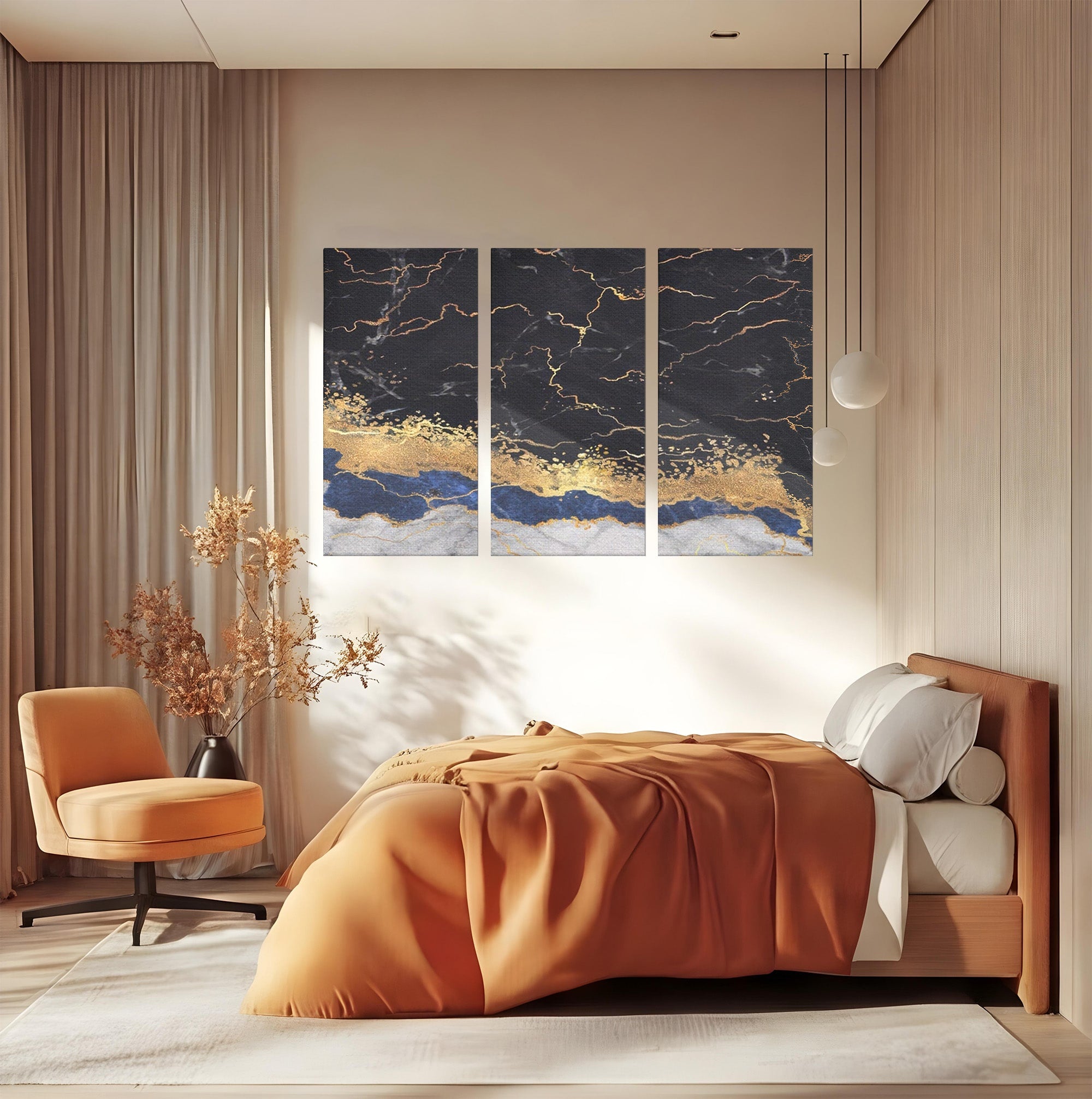 Set 3 Tablouri Canvas Premium LuxCanva® A3-1327, Black Marble, Living, Marmura, Abstract, Auriu, Dormitor, Culori Vibrante