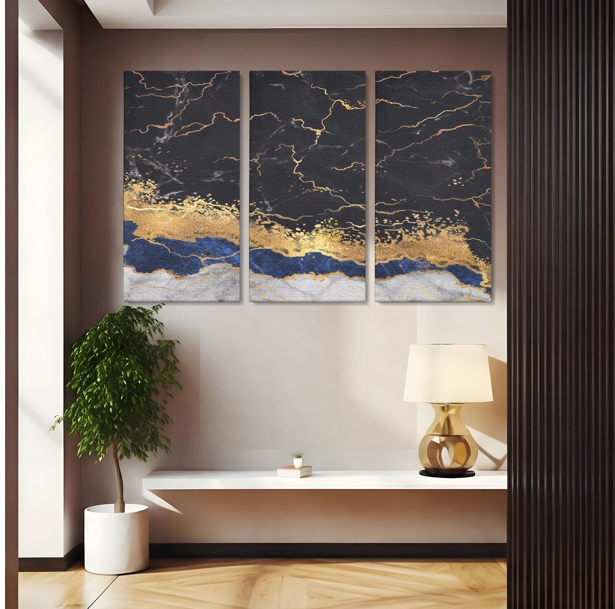 Set 3 Tablouri Canvas Premium LuxCanva® A3-1327, Black Marble, Living, Marmura, Abstract, Auriu, Dormitor, Culori Vibrante