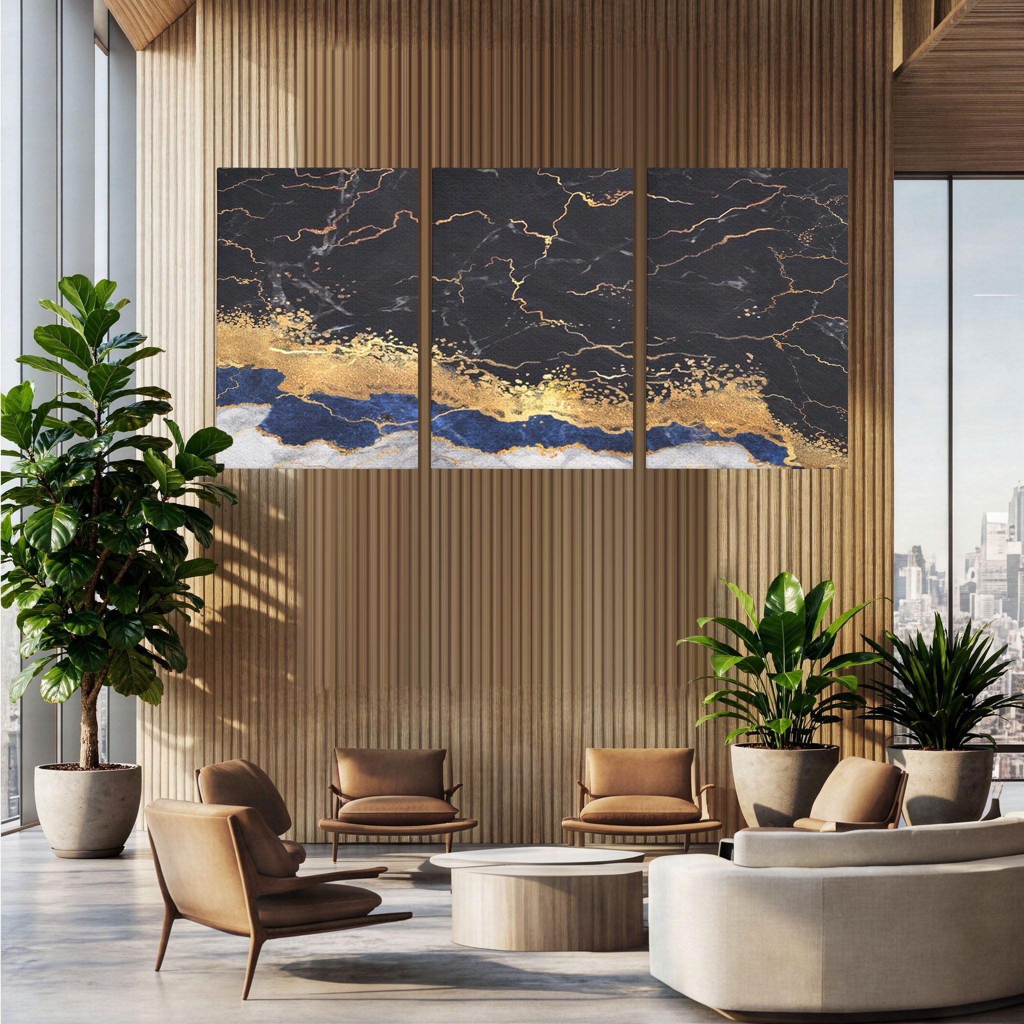 Set 3 Tablouri Canvas Premium LuxCanva® A3-1327, Black Marble, Living, Marmura, Abstract, Auriu, Dormitor, Culori Vibrante