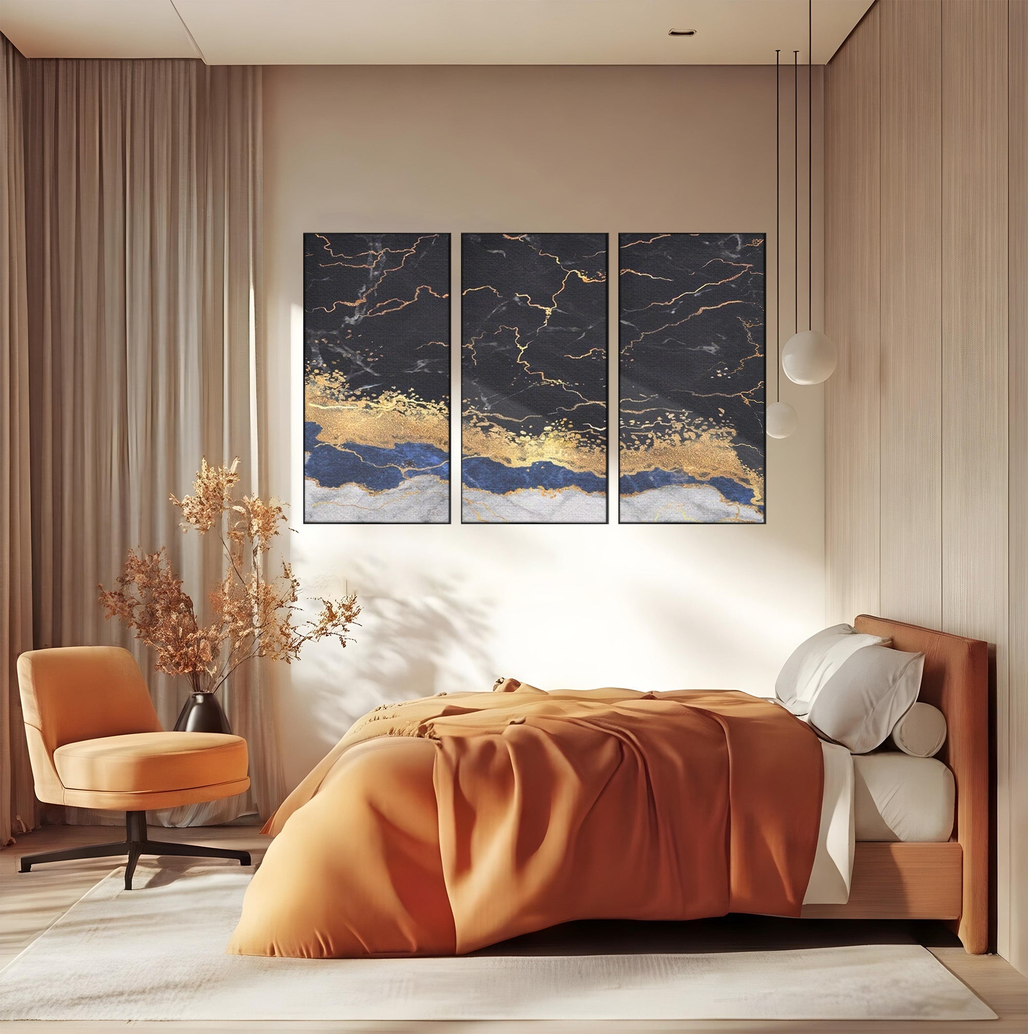 Set 3 Tablouri Canvas Premium LuxCanva® A3-1327, Black Marble, Living, Marmura, Abstract, Auriu, Dormitor, Culori Vibrante