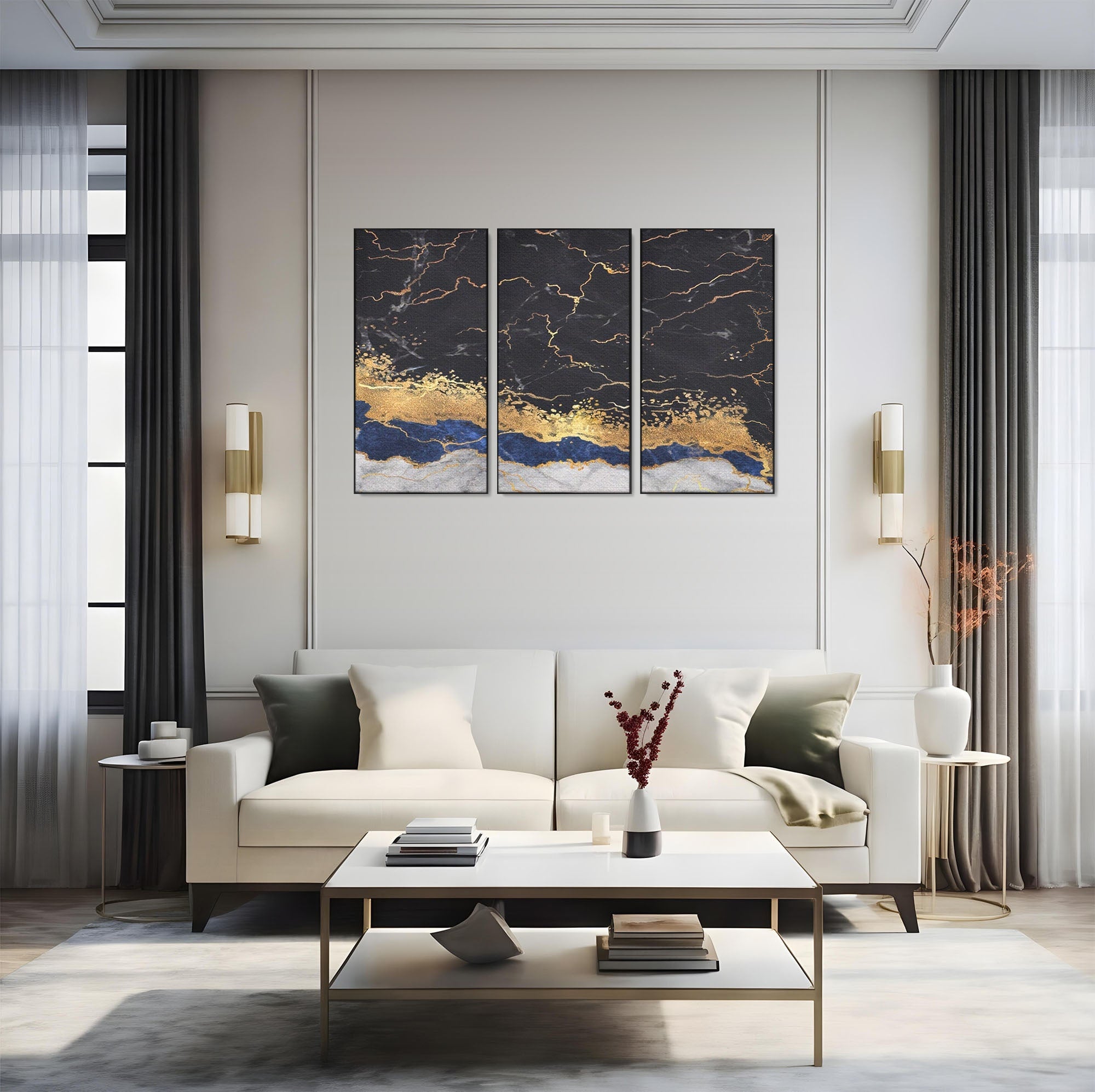 Set 3 Tablouri Canvas Premium LuxCanva® A3-1327, Black Marble, Living, Marmura, Abstract, Auriu, Dormitor, Culori Vibrante