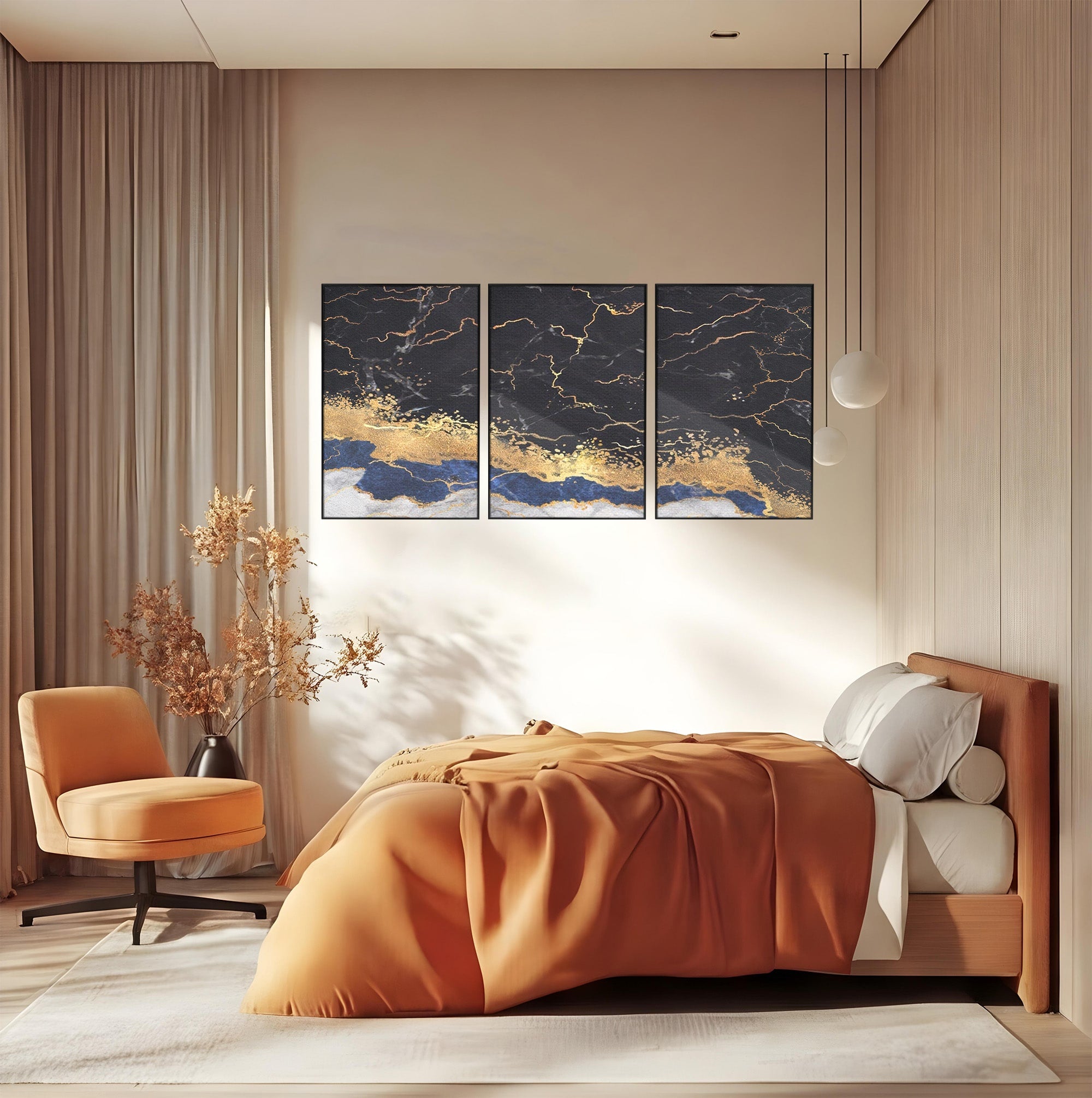 Set 3 Tablouri Canvas Premium LuxCanva® A3-1327, Black Marble, Living, Marmura, Abstract, Auriu, Dormitor, Culori Vibrante