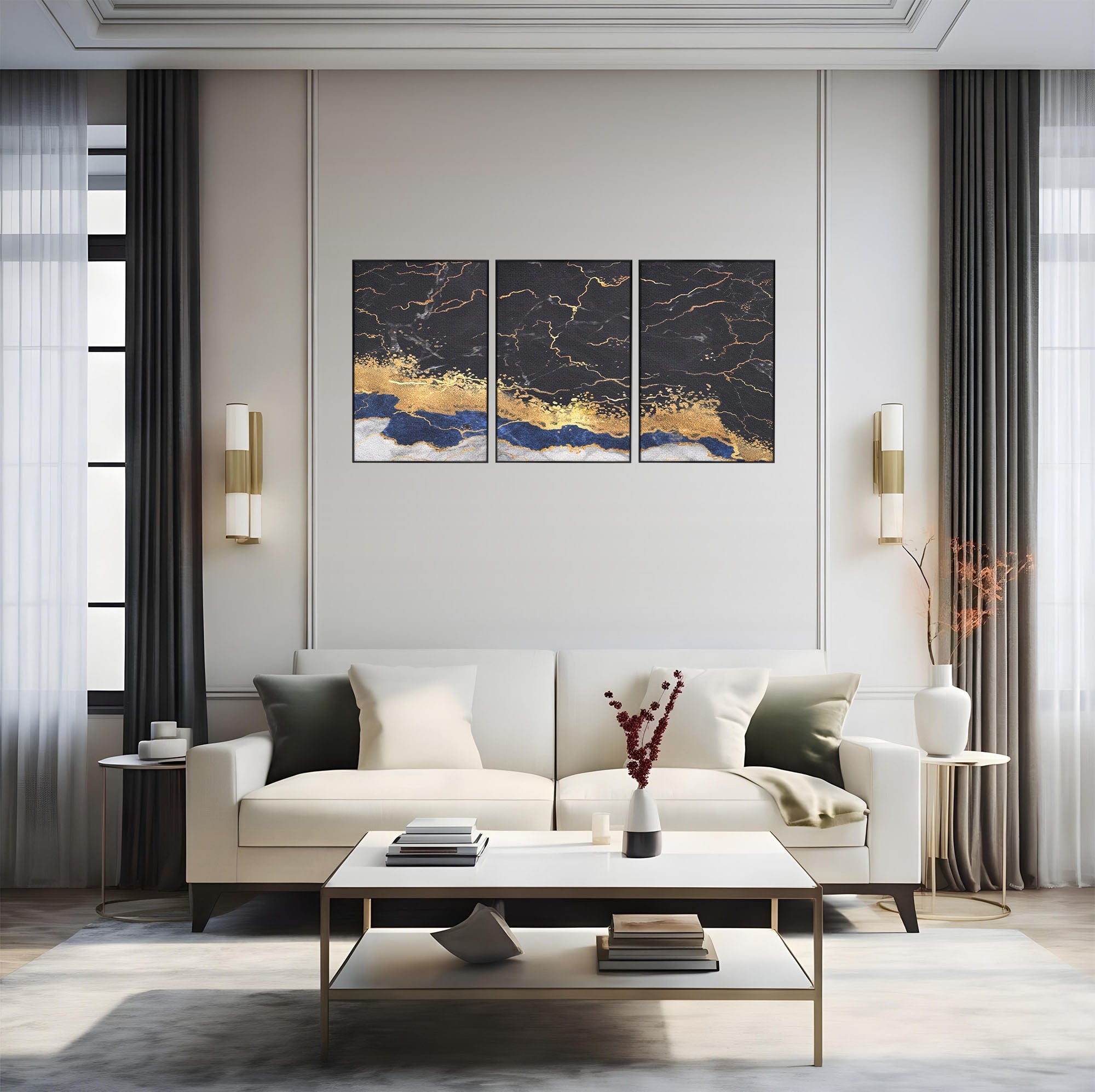 Set 3 Tablouri Canvas Premium LuxCanva® A3-1327, Black Marble, Living, Marmura, Abstract, Auriu, Dormitor, Culori Vibrante