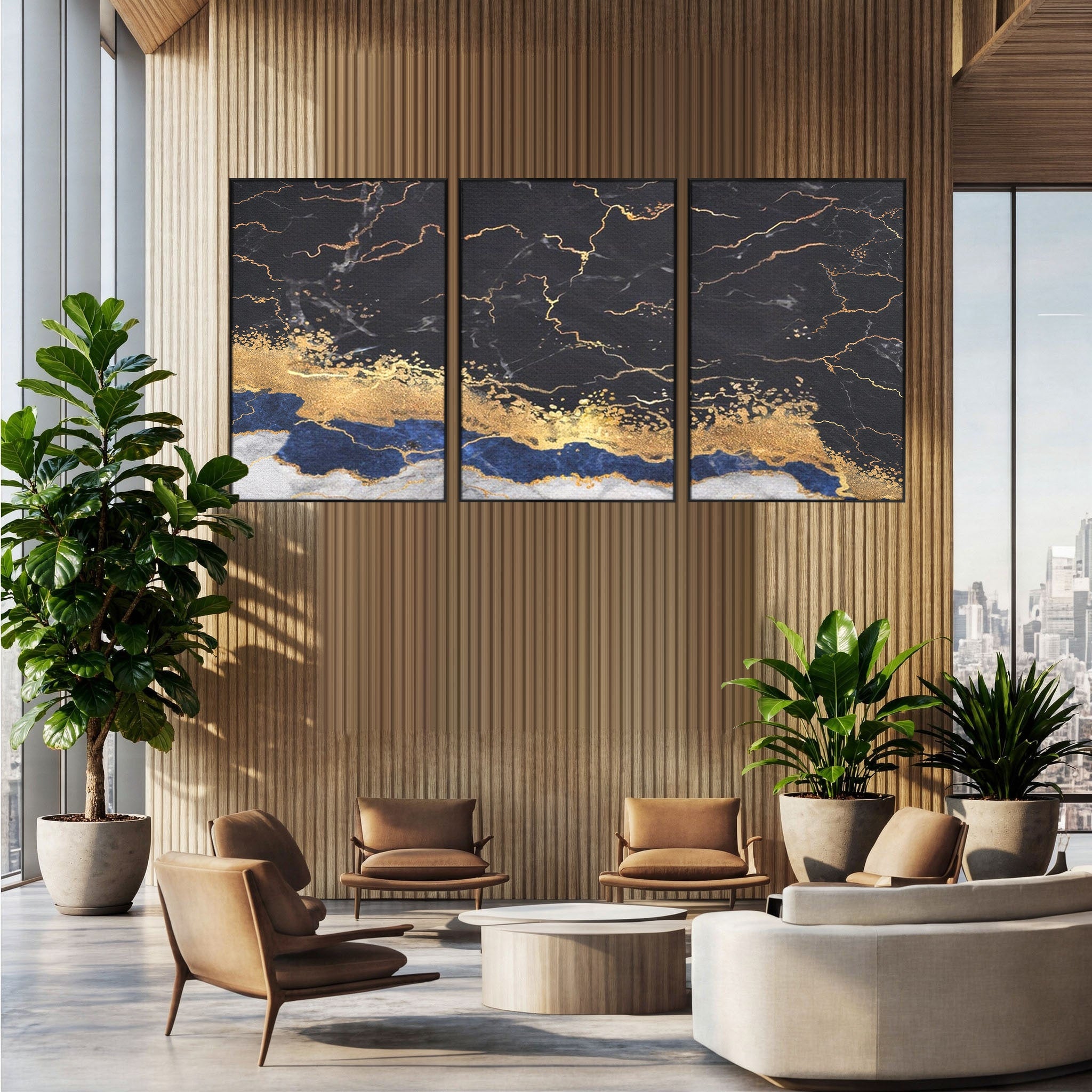 Set 3 Tablouri Canvas Premium LuxCanva® A3-1327, Black Marble, Living, Marmura, Abstract, Auriu, Dormitor, Culori Vibrante