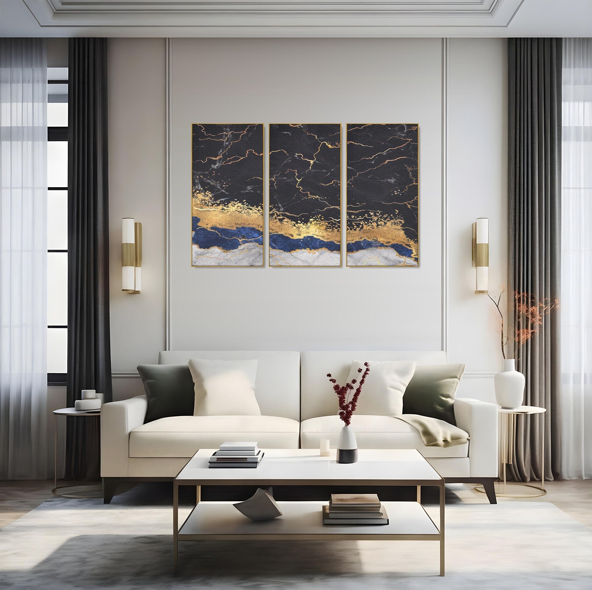 Set 3 Tablouri Canvas Premium LuxCanva® A3-1327, Black Marble, Living, Marmura, Abstract, Auriu, Dormitor, Culori Vibrante