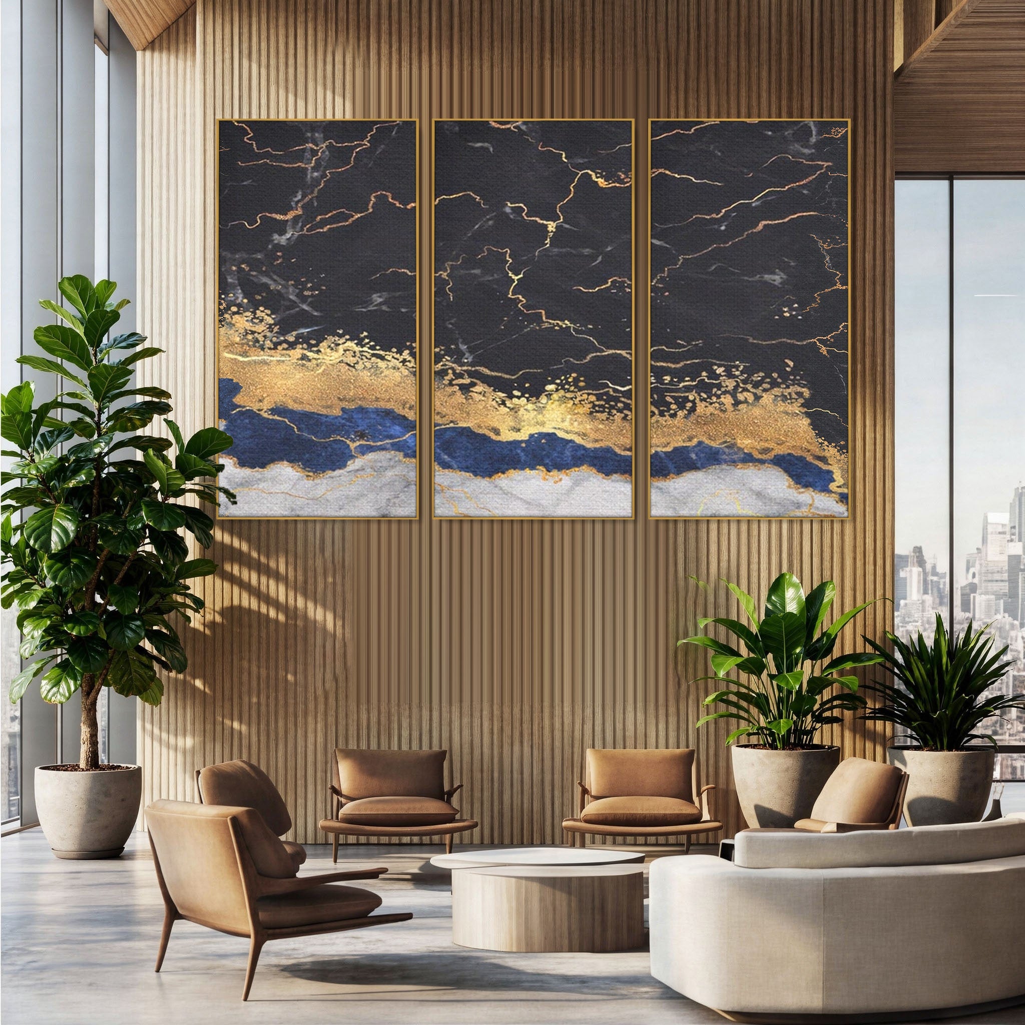 Set 3 Tablouri Canvas Premium LuxCanva® A3-1327, Black Marble, Living, Marmura, Abstract, Auriu, Dormitor, Culori Vibrante