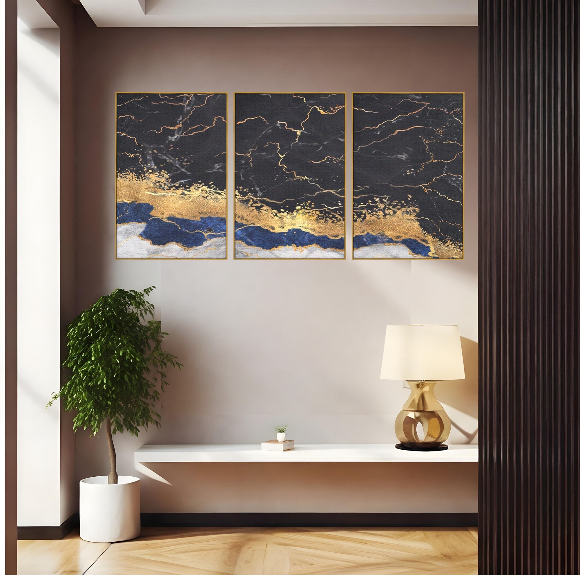 Set 3 Tablouri Canvas Premium LuxCanva® A3-1327, Black Marble, Living, Marmura, Abstract, Auriu, Dormitor, Culori Vibrante