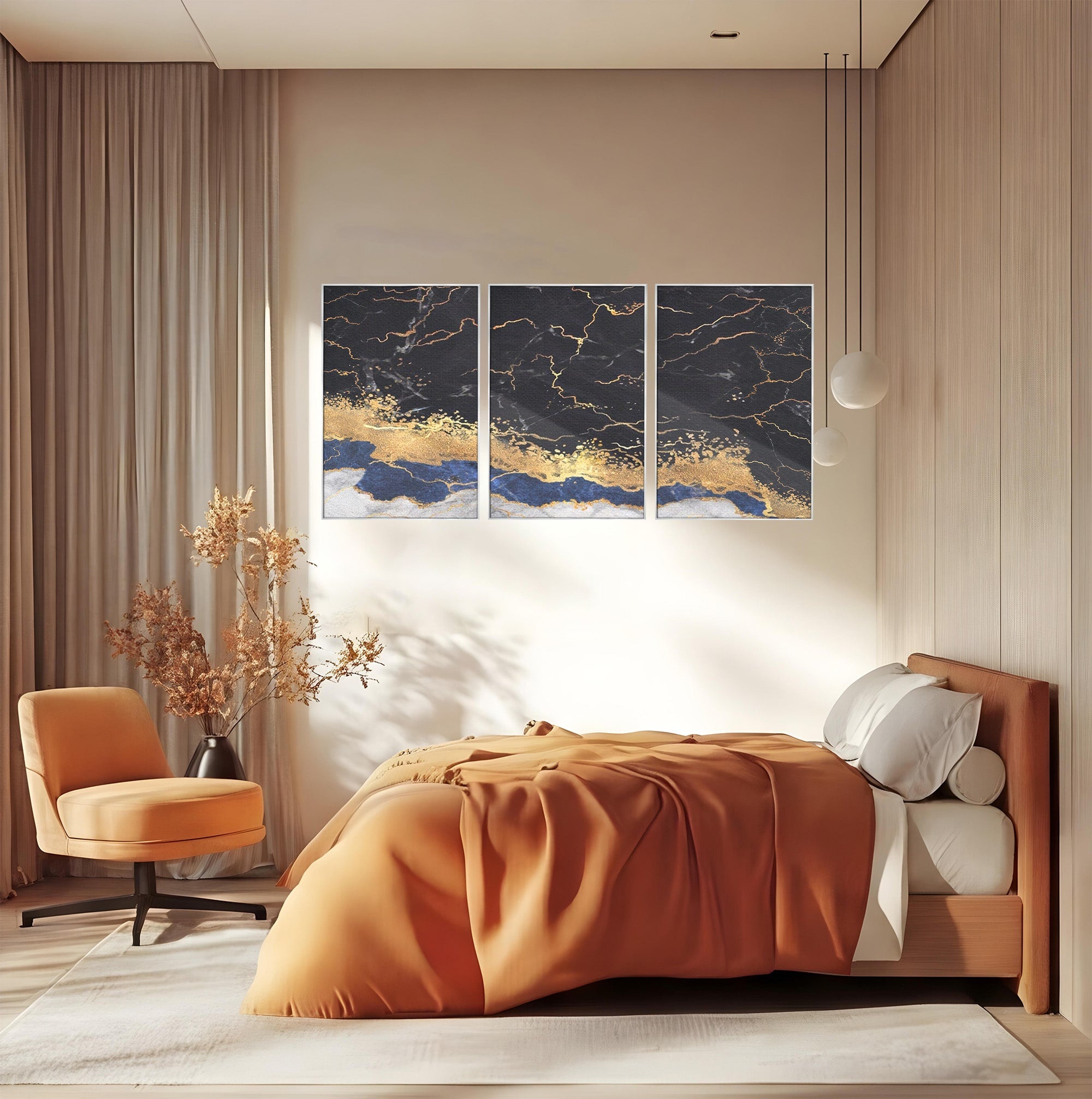 Set 3 Tablouri Canvas Premium LuxCanva® A3-1327, Black Marble, Living, Marmura, Abstract, Auriu, Dormitor, Culori Vibrante