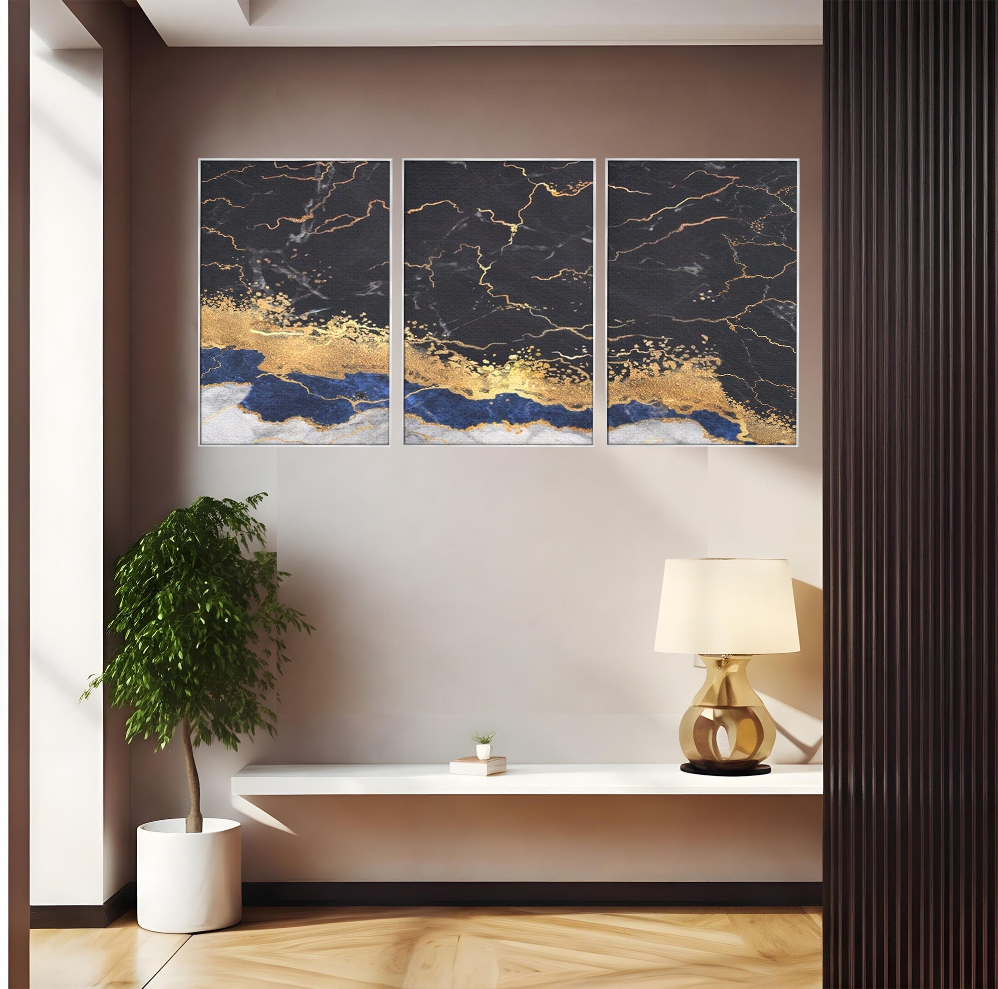 Set 3 Tablouri Canvas Premium LuxCanva® A3-1327, Black Marble, Living, Marmura, Abstract, Auriu, Dormitor, Culori Vibrante