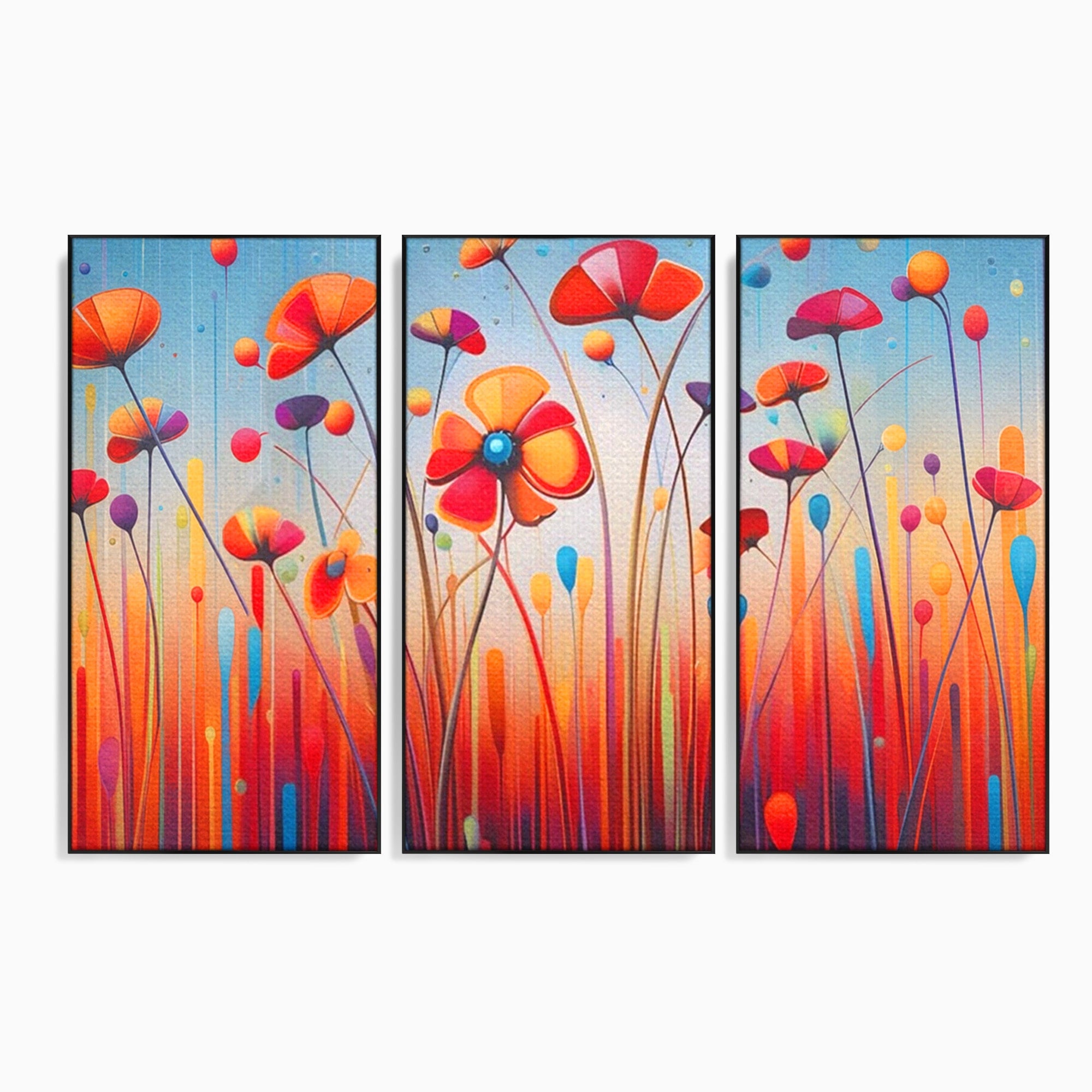 Set 3 Tablouri Canvas Premium LuxCanva® A3-1575, Sunet Floral, Living, Flori, Camp, Margarete, Natura, Room, Culori Vibrante