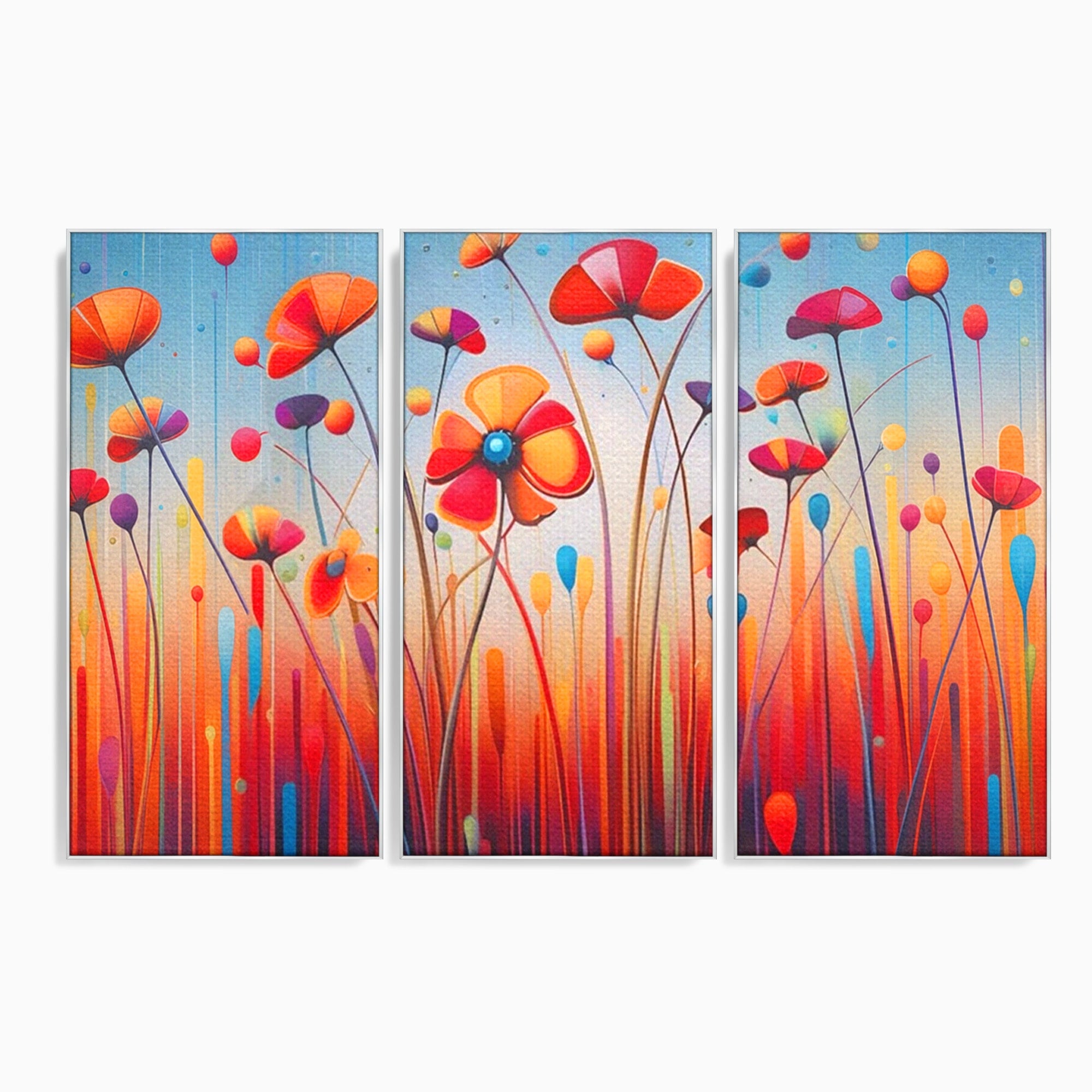 Set 3 Tablouri Canvas Premium LuxCanva® A3-1575, Sunet Floral, Living, Flori, Camp, Margarete, Natura, Room, Culori Vibrante