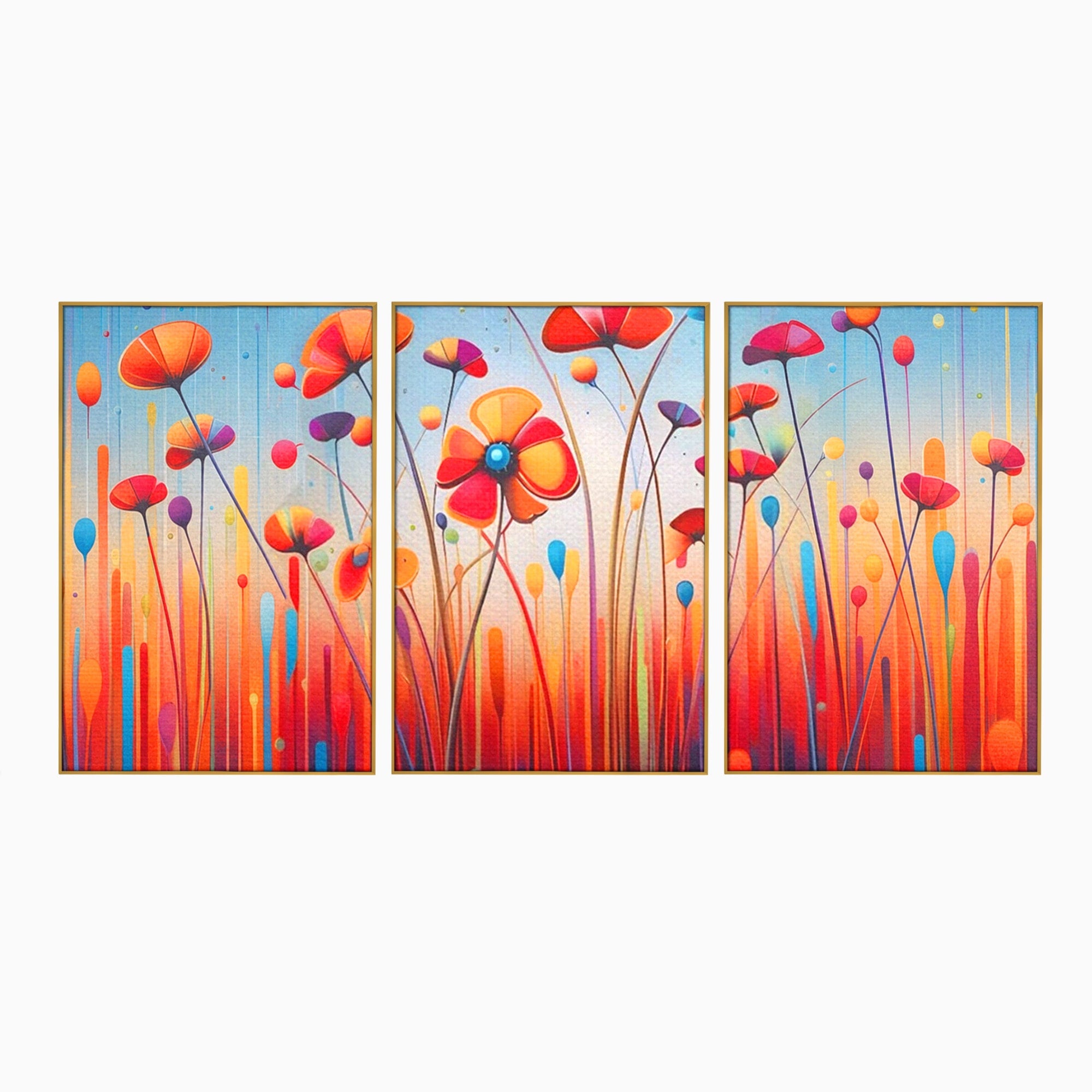 Set 3 Tablouri Canvas Premium LuxCanva® A3-1575, Sunet Floral, Living, Flori, Camp, Margarete, Natura, Room, Culori Vibrante