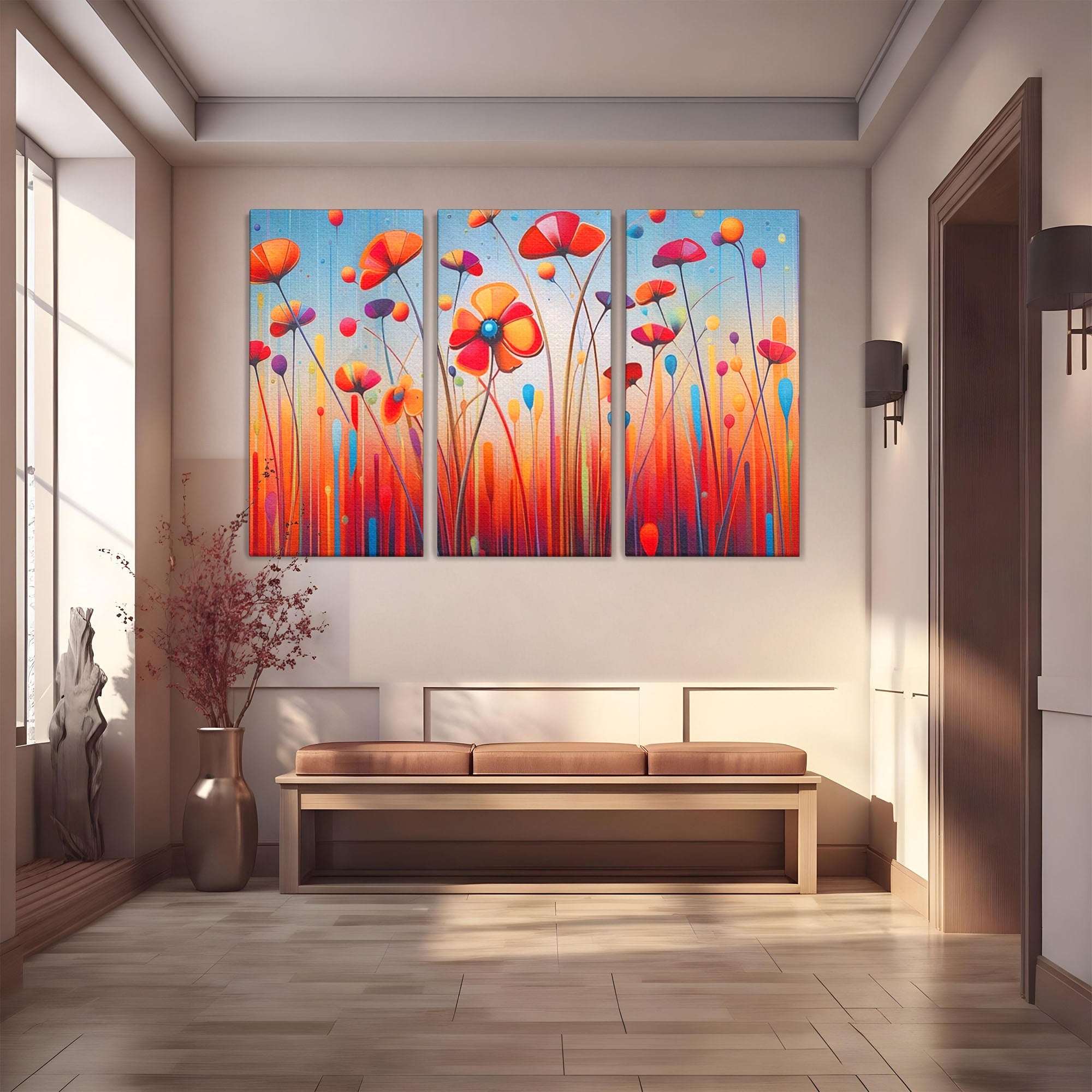 Set 3 Tablouri Canvas Premium LuxCanva® A3-1575, Sunet Floral, Living, Flori, Camp, Margarete, Natura, Room, Culori Vibrante